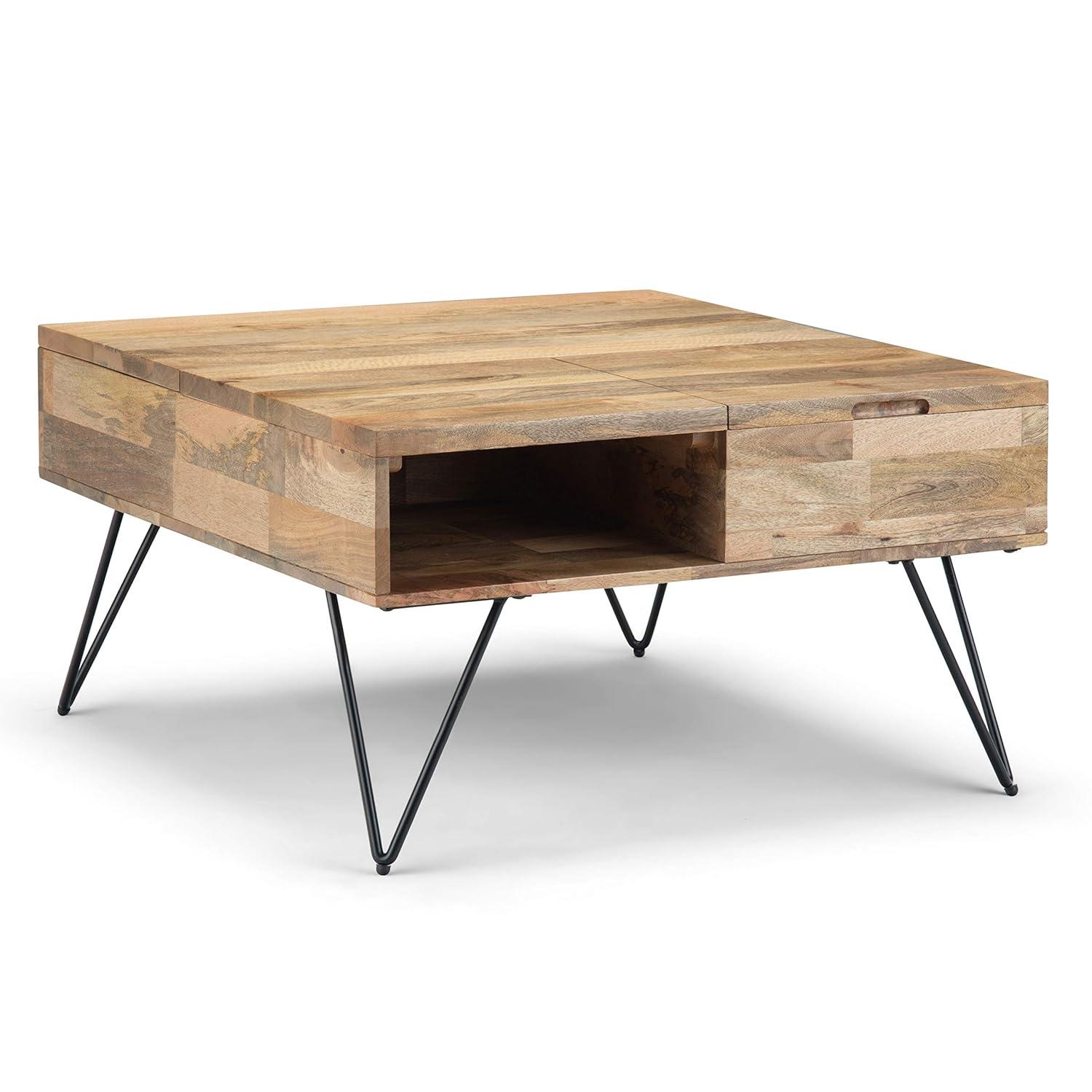 Simpli Home Hunter SOLID MANGO WOOD and Metal 32 inch Wide Square Industrial Lift Top Coffee Table in Natural