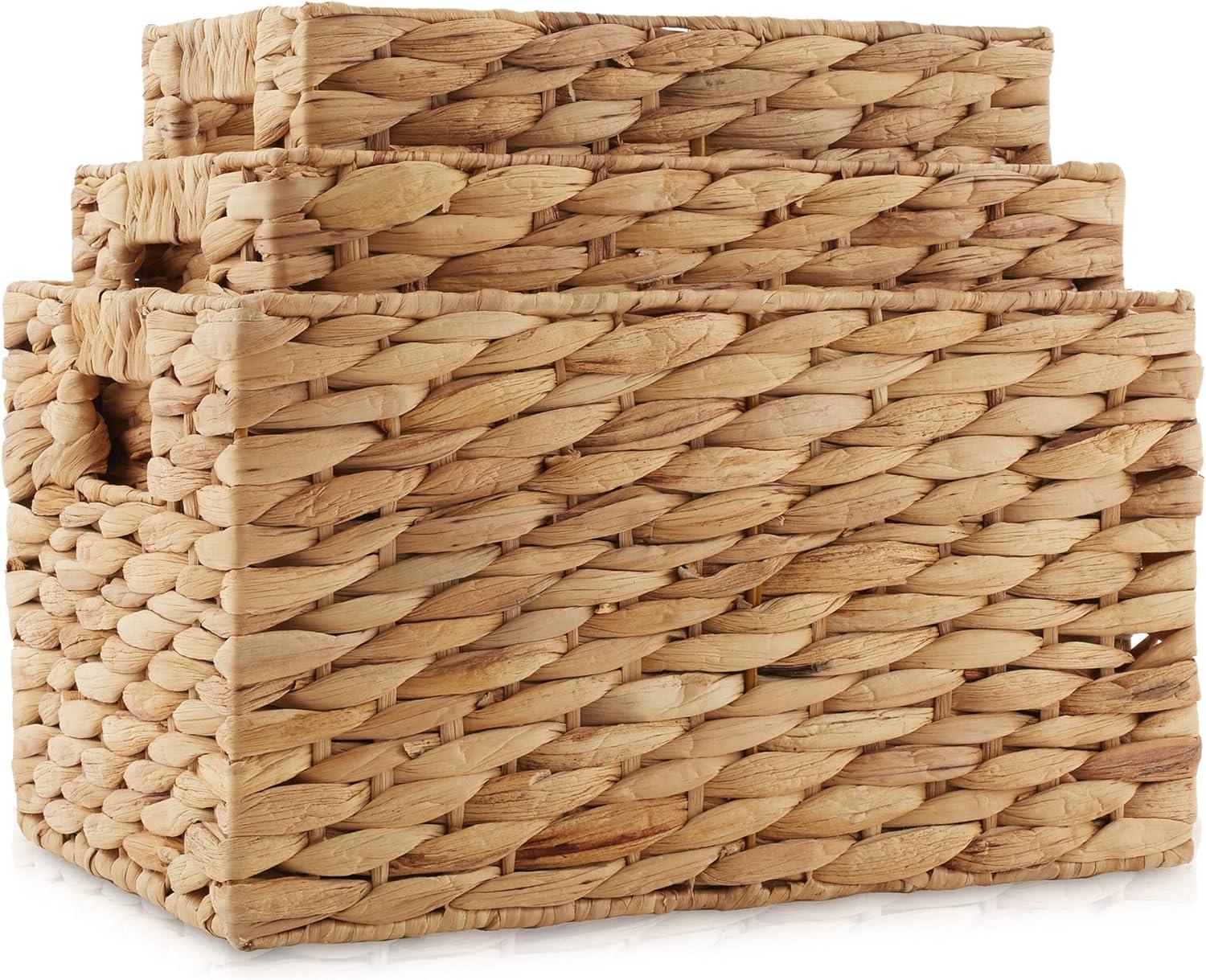 Casafield Set of 3 Water Hyacinth Storage Baskets with Handles - Small, Medium, and Large Woven Nesting Storage Bin Organizers for Shelves