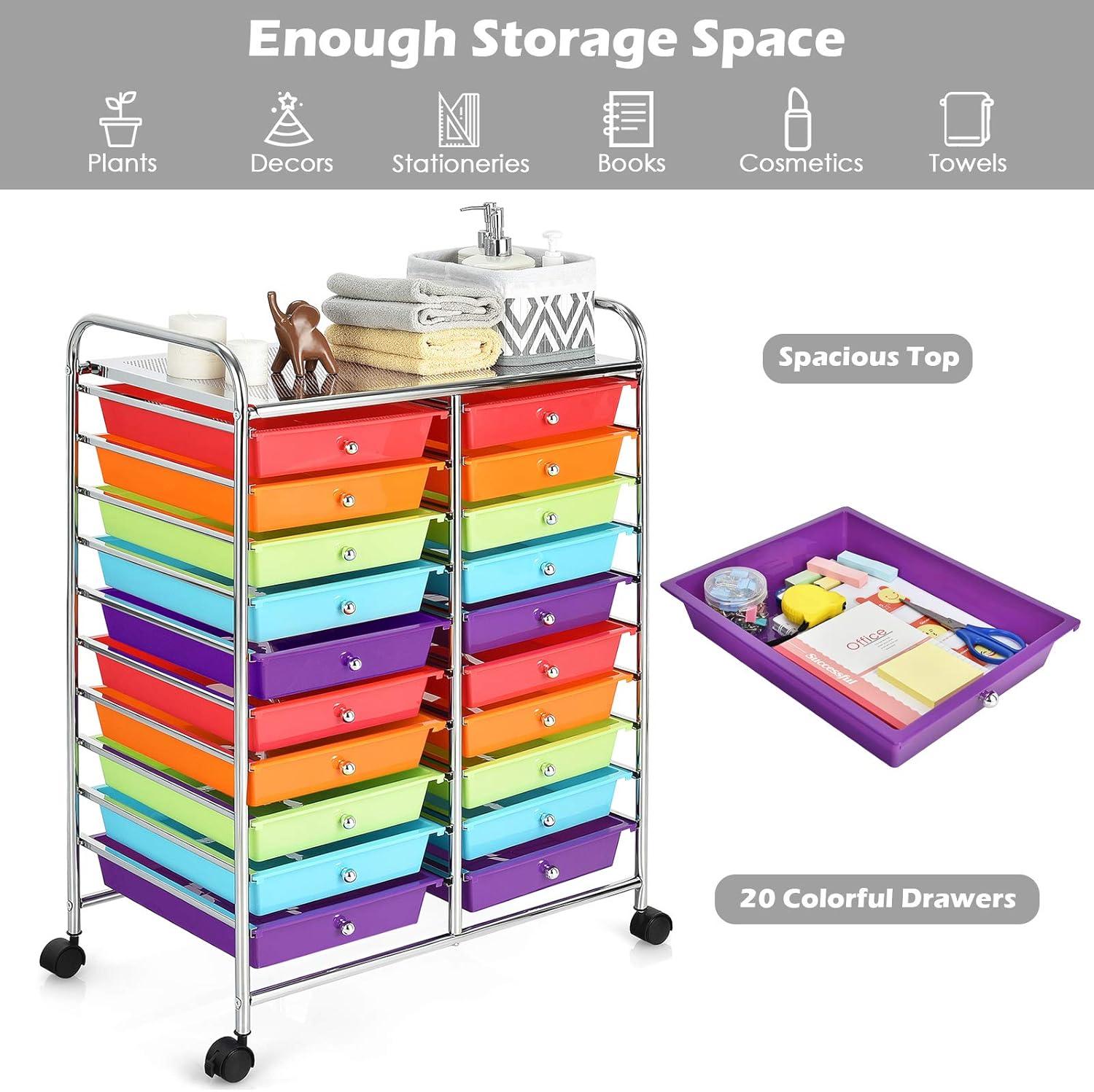 20-Drawer Organizer Cart Tools, Mobile Utility Storage Cart with Detachable Drawers & Lockable Wheels, Rolling Storage Cart with wheels for Home Office School(Multicolor)