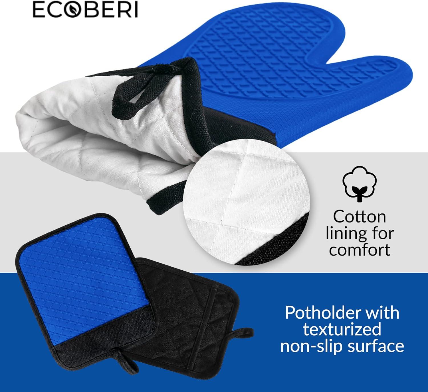 Ecoberi Silicone Oven Mitts and Pot Holder Set, Heat Resistant, Cook, Bake, BBQ, Pack of 3 Cherry