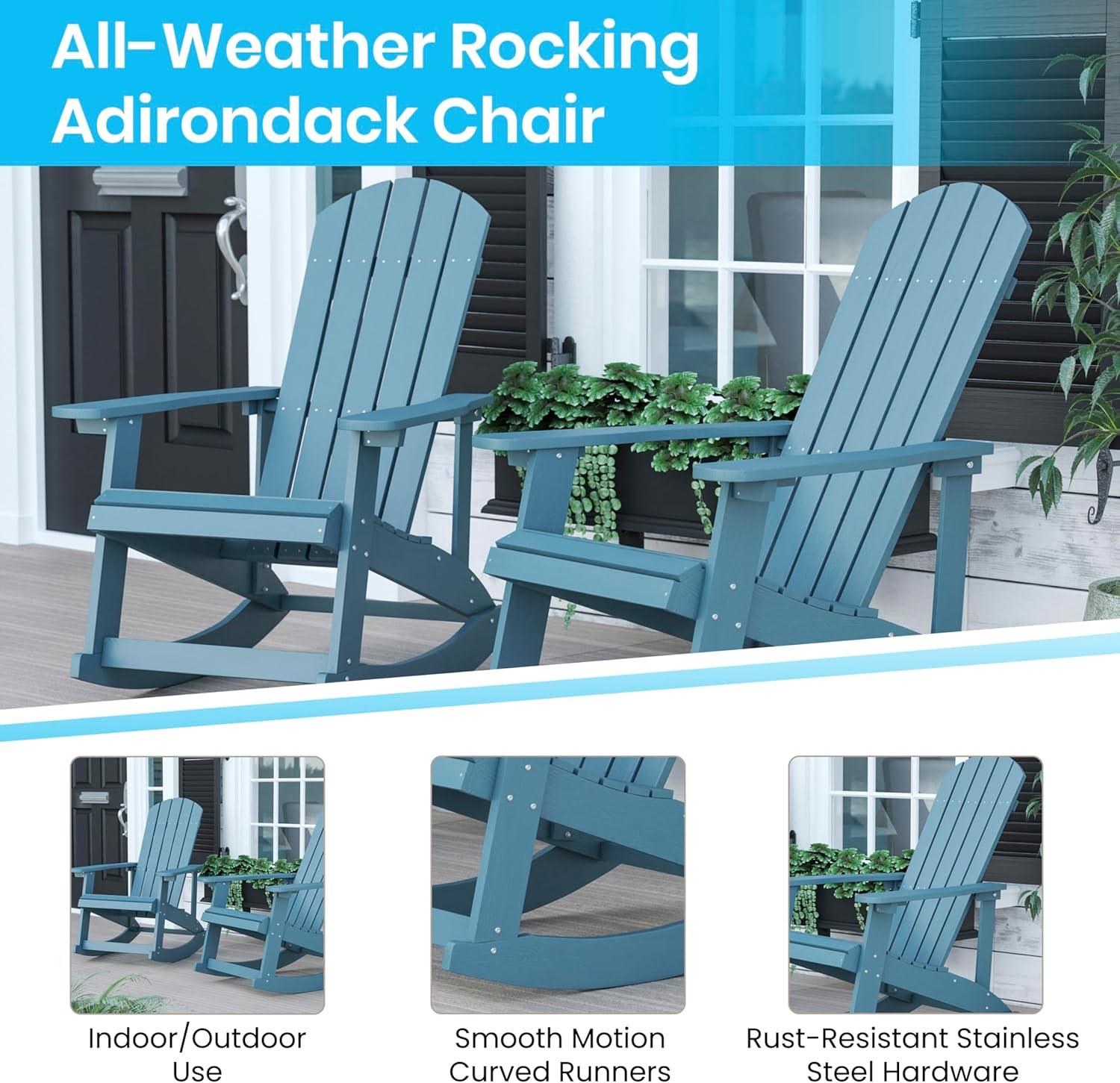 Flash Furniture Set of 2 Savannah All-Weather Poly Resin Wood Adirondack Rocking Chairs with Side Table in Sea Foam