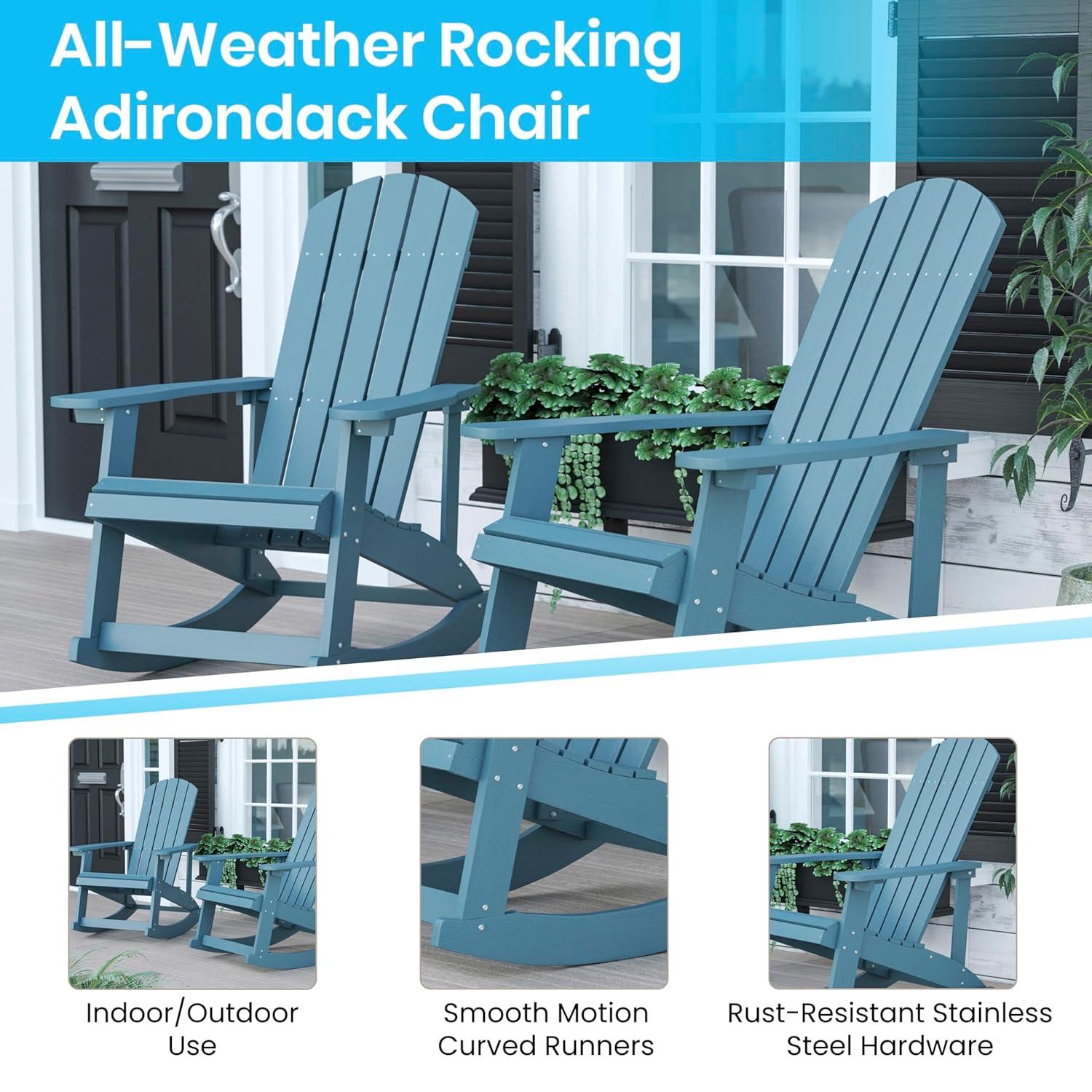 Flash Furniture Set of 2 Savannah All-Weather Poly Resin Wood Adirondack Rocking Chairs with Side Table in Sea Foam