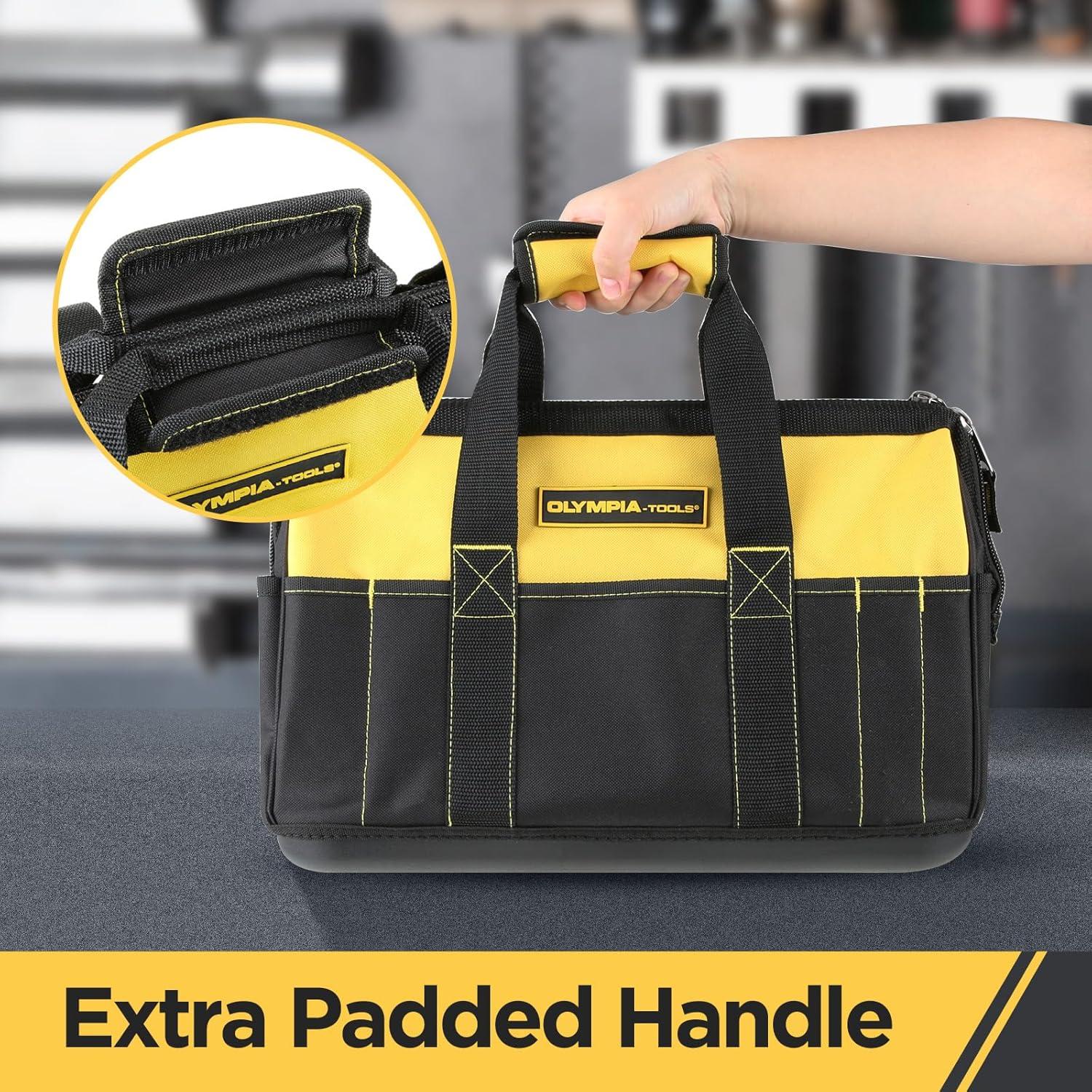 Olympia Tools 16 Inch Wide Mouth Tool Bag, Tool Tote with Water Proof Molded Base, Tool Bags for men with 21 Pockets and 7 Belt Loops, Padded Handle, Adjustable Shoulder Strap