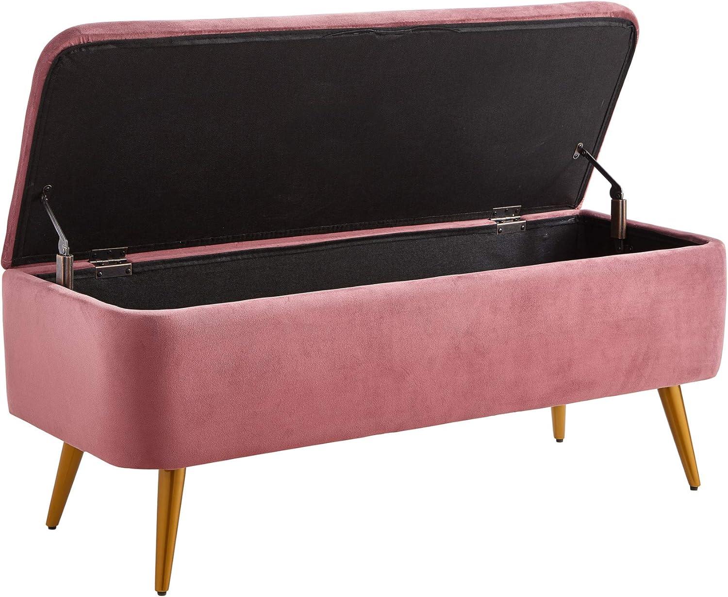 Rose Velvet Upholstered Storage Bench with Golden Metal Legs