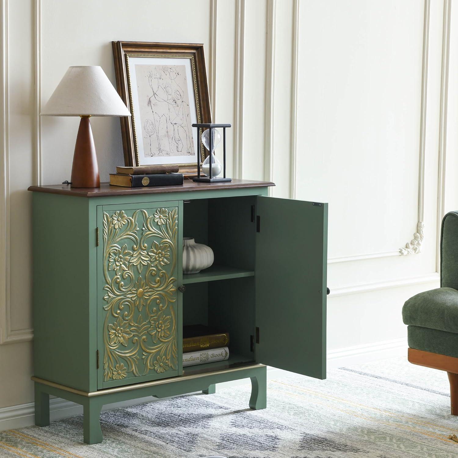 Sage Green and Gold Embossed Two-Door Accent Cabinet