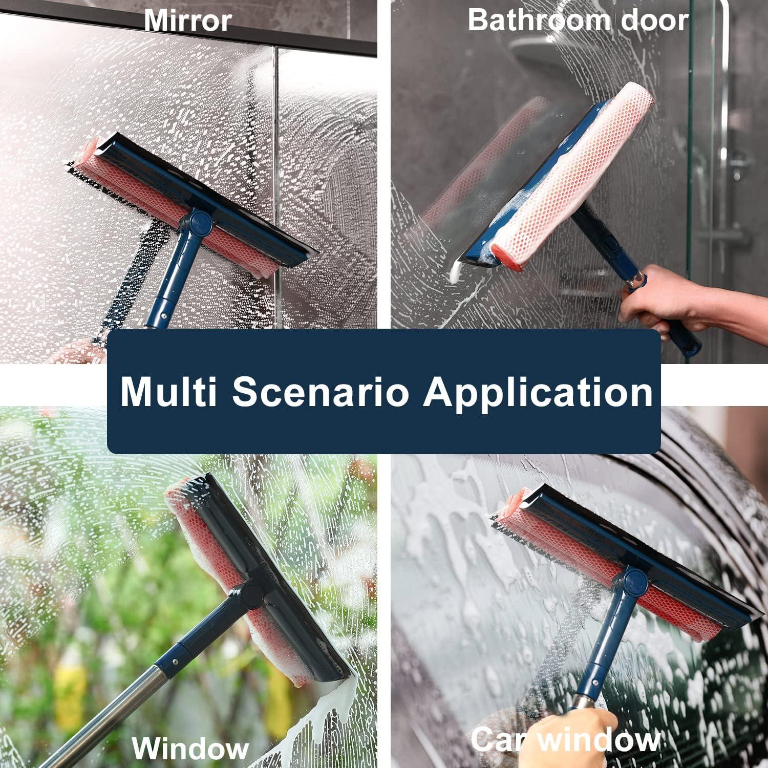 Multi-Use Window Squeegee with 56" Long Handle,2 in 1 Window Cleaning Tools with Dual Side Blade Rubber & Scrubber Sponge, Shower Squeegee for Glass Doors, car Windshield, Glass, Mirror