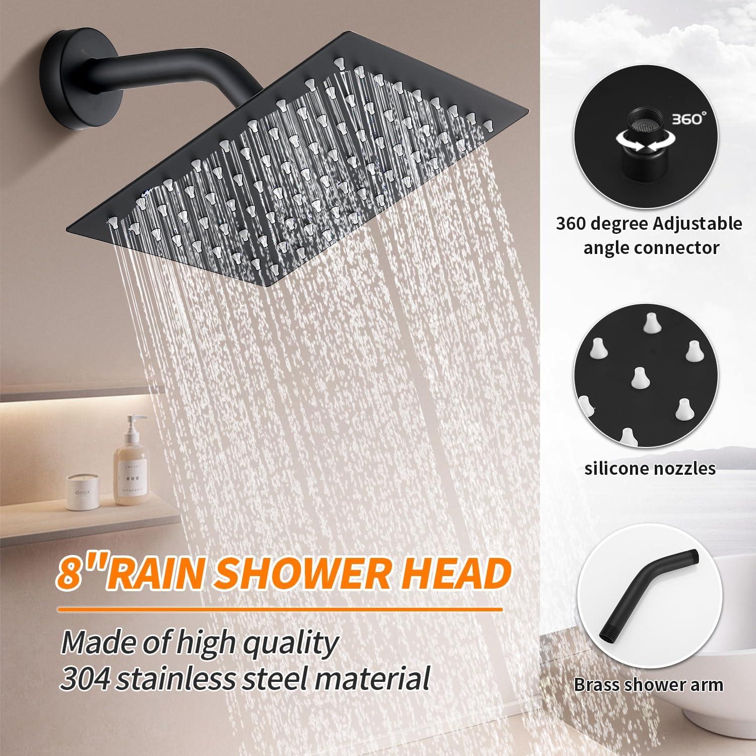 Black Shower Faucet Shower Trim Kit with Mixer Valve 8in Rain Shower Head Combos