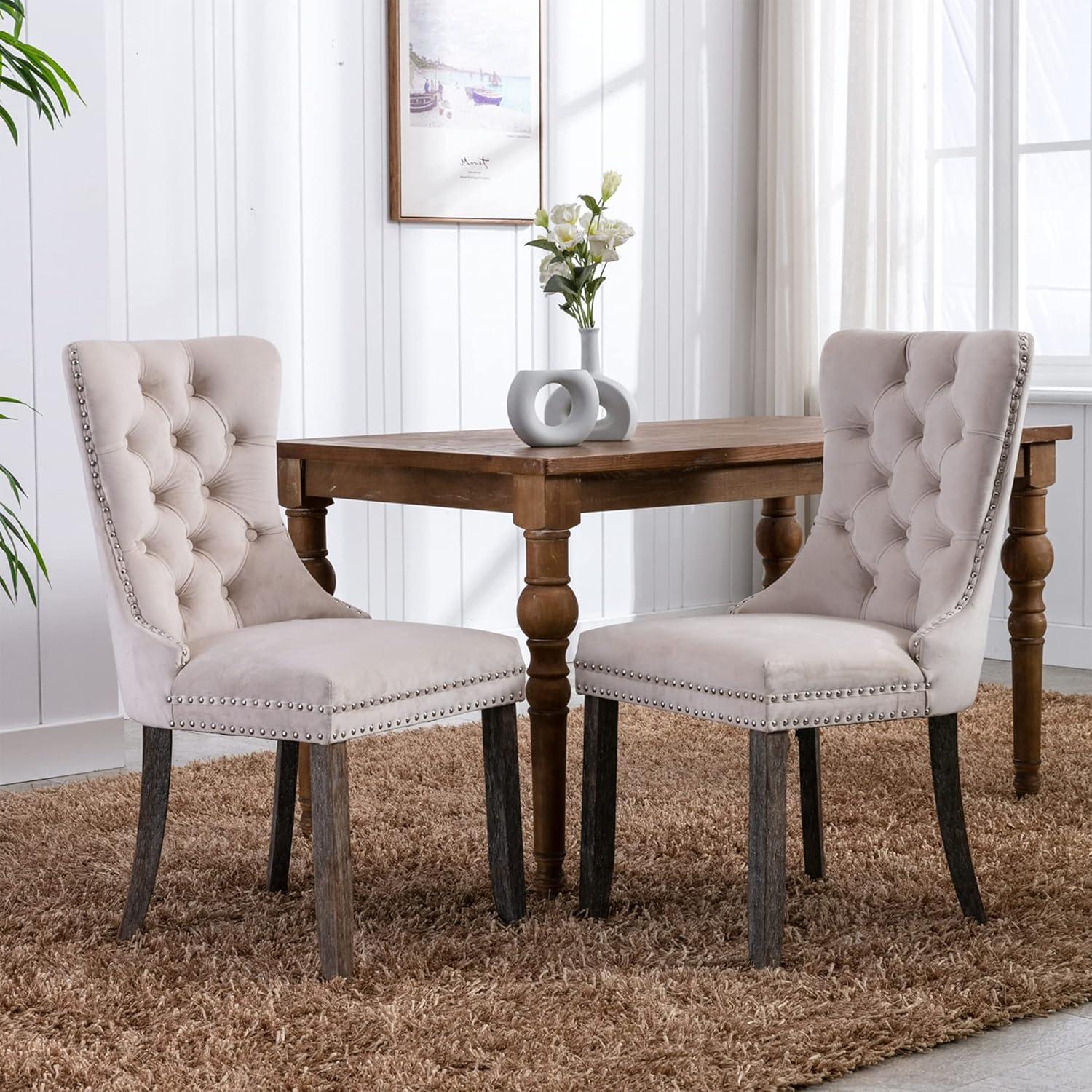 Tzicr Tufted Dining Chairs Set of 4, Upholstered Dining Chairs with Nailhead Back, Nailhead Trim, Velvet Dining Chairs for Kitchen/Bedroom/Dining Room(Beige)