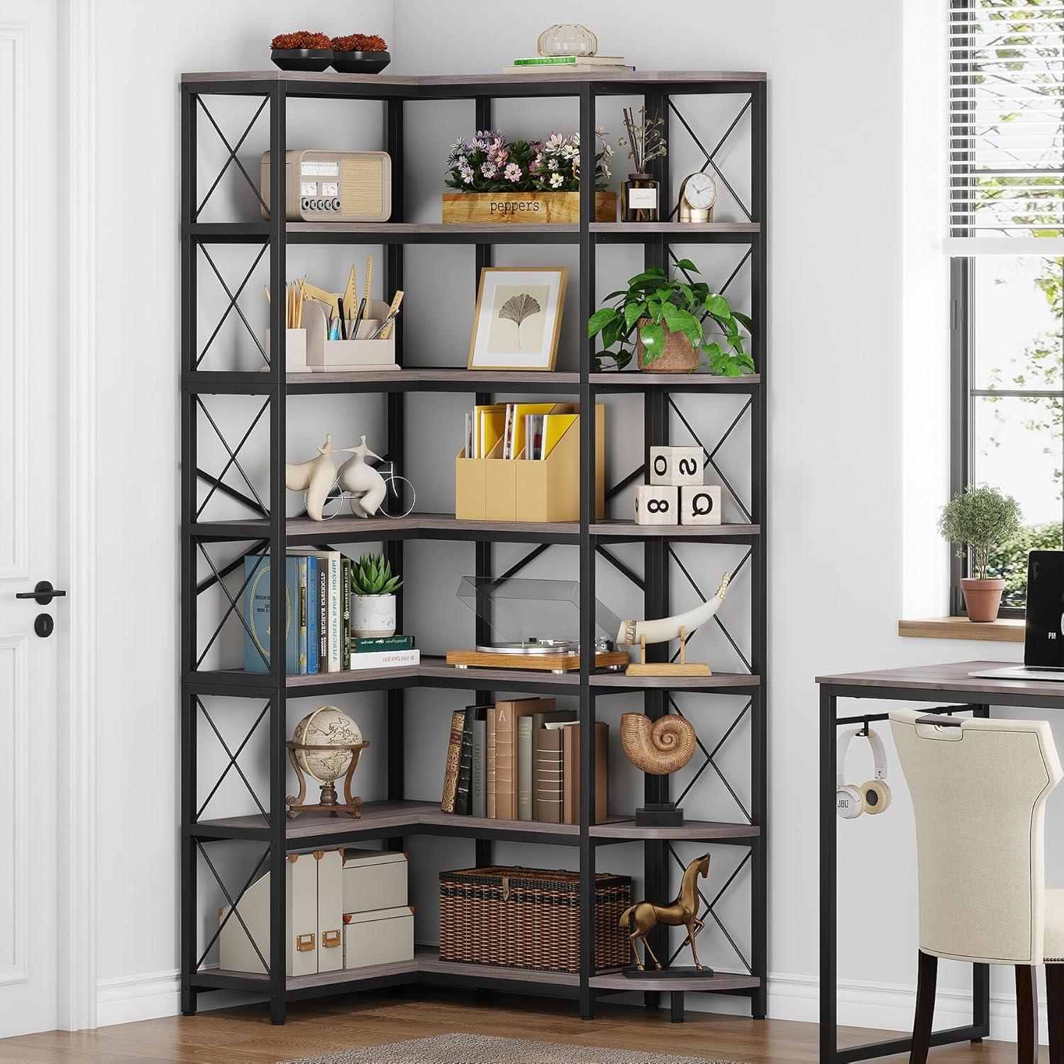 Gray Brown 7-Tier Industrial Corner Bookshelf with Metal Frame