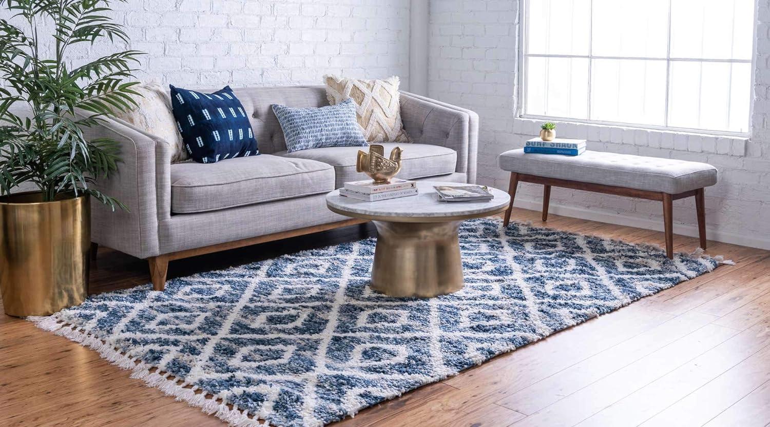 Blue Geometric Shag Synthetic 4' x 6' Rug