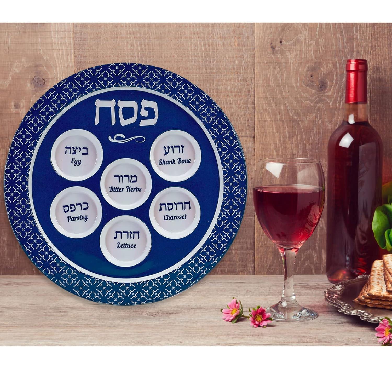 Rite Lite Classic Design Melamine Seder Plate - 12" Blue Seder Plate Passover Gifts, Modern Passover Melamine Plate for Pesach and All Seder Long!