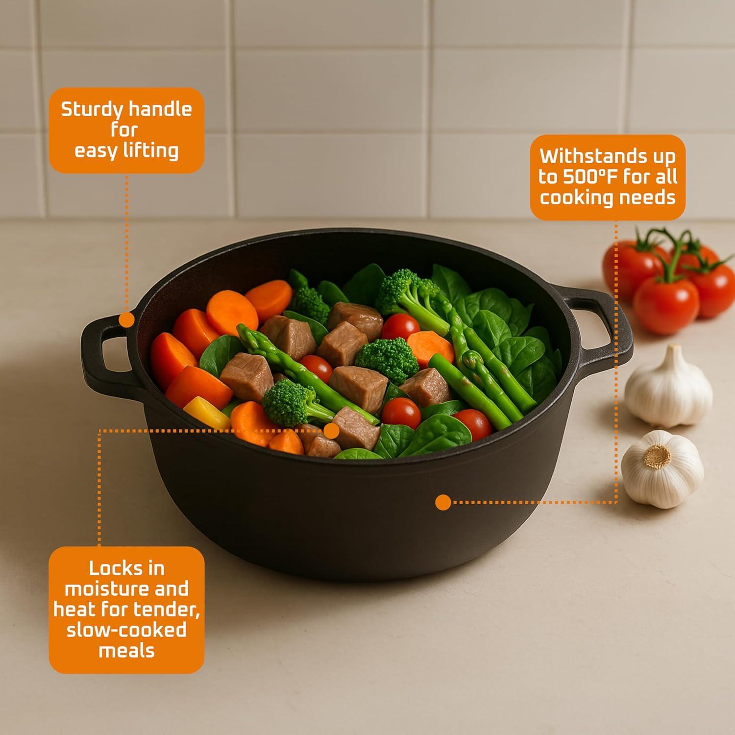 Bruntmor | 2 In 1 Enameled Cast Iron Double Dutch Oven Skillet Lid 5-Quart | 1