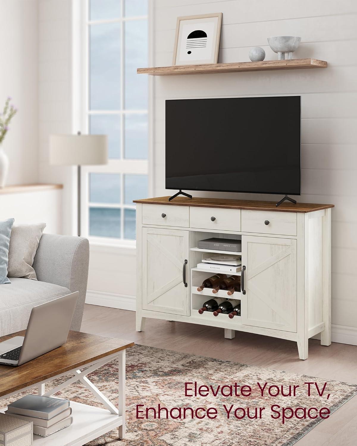 Rustic White and Honey Brown Farmhouse Sideboard with Wine Rack