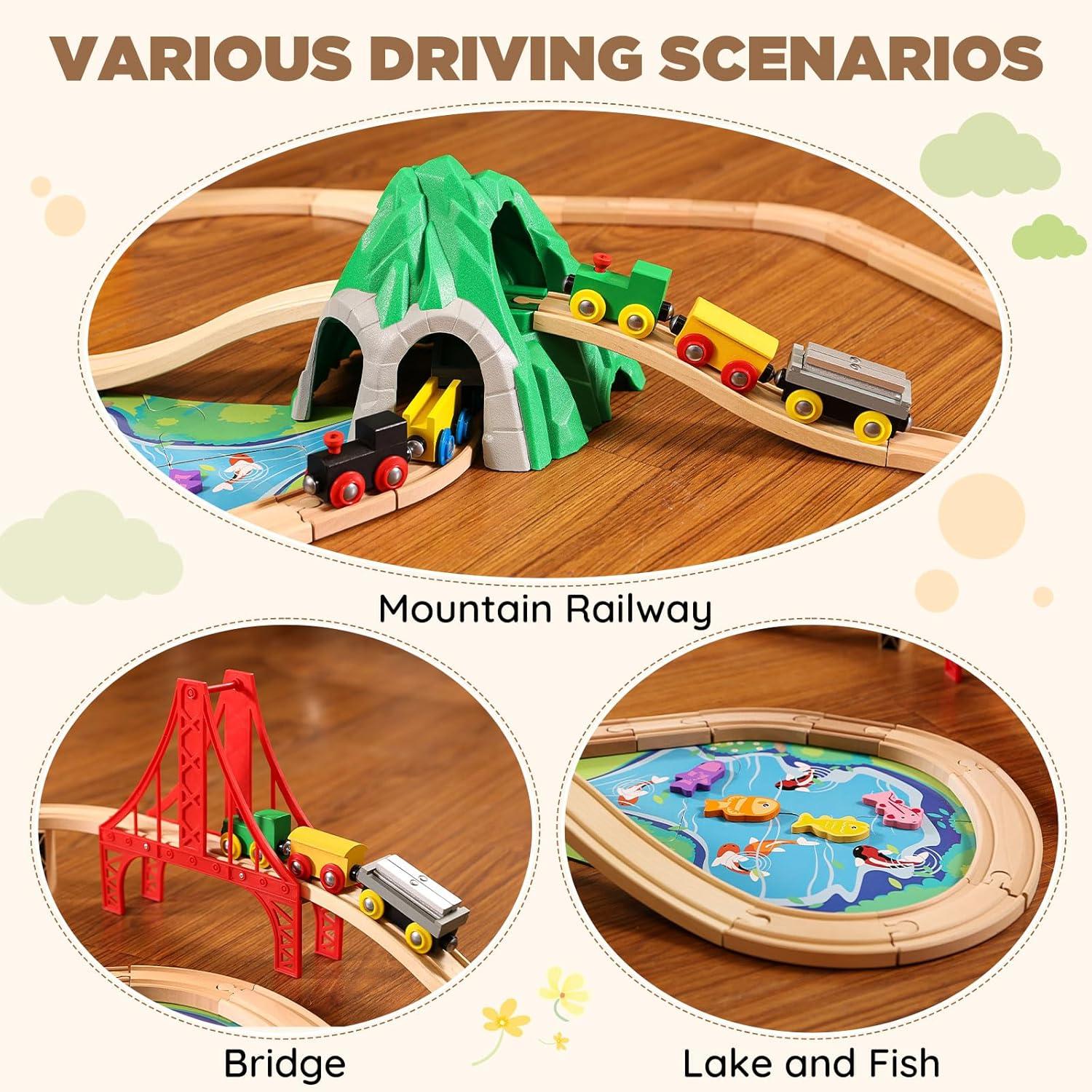 SainSmart Jr. 112-Piece Wooden Train Set for Toddler – Double-Sided Train Tracks, Compatible with Brio, Thomas, Melissa & Doug – Perfect Wood Toy for Boys and Girls