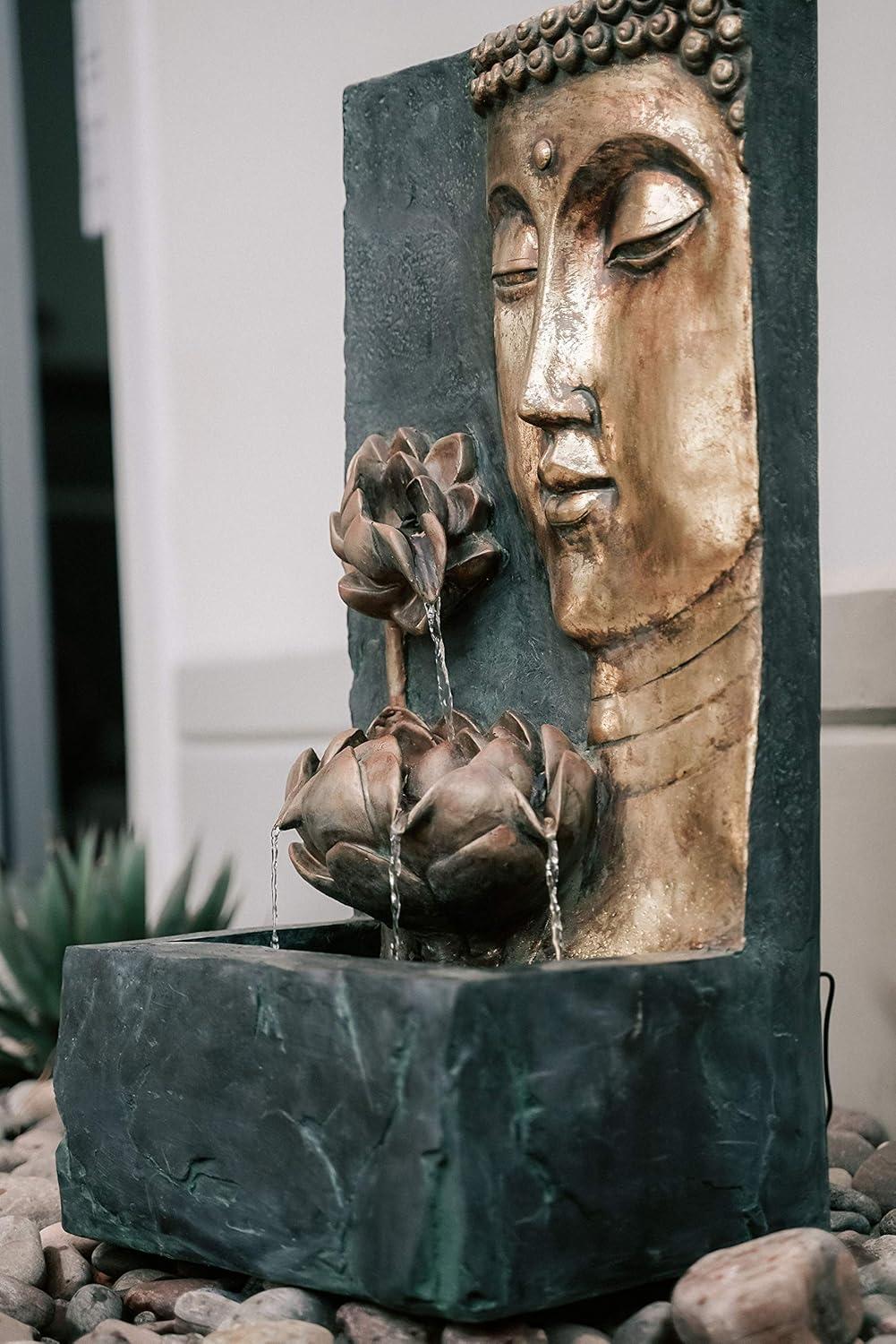 XBrand 30" H Zen Buddha Face Water Fountain w/ LED light & Pump, Indoor/Outdoor Freestanding, Relaxing Zen Décor, Bronze and Natural Grey Polyresin Fountain for Home Patio Garden Backyard