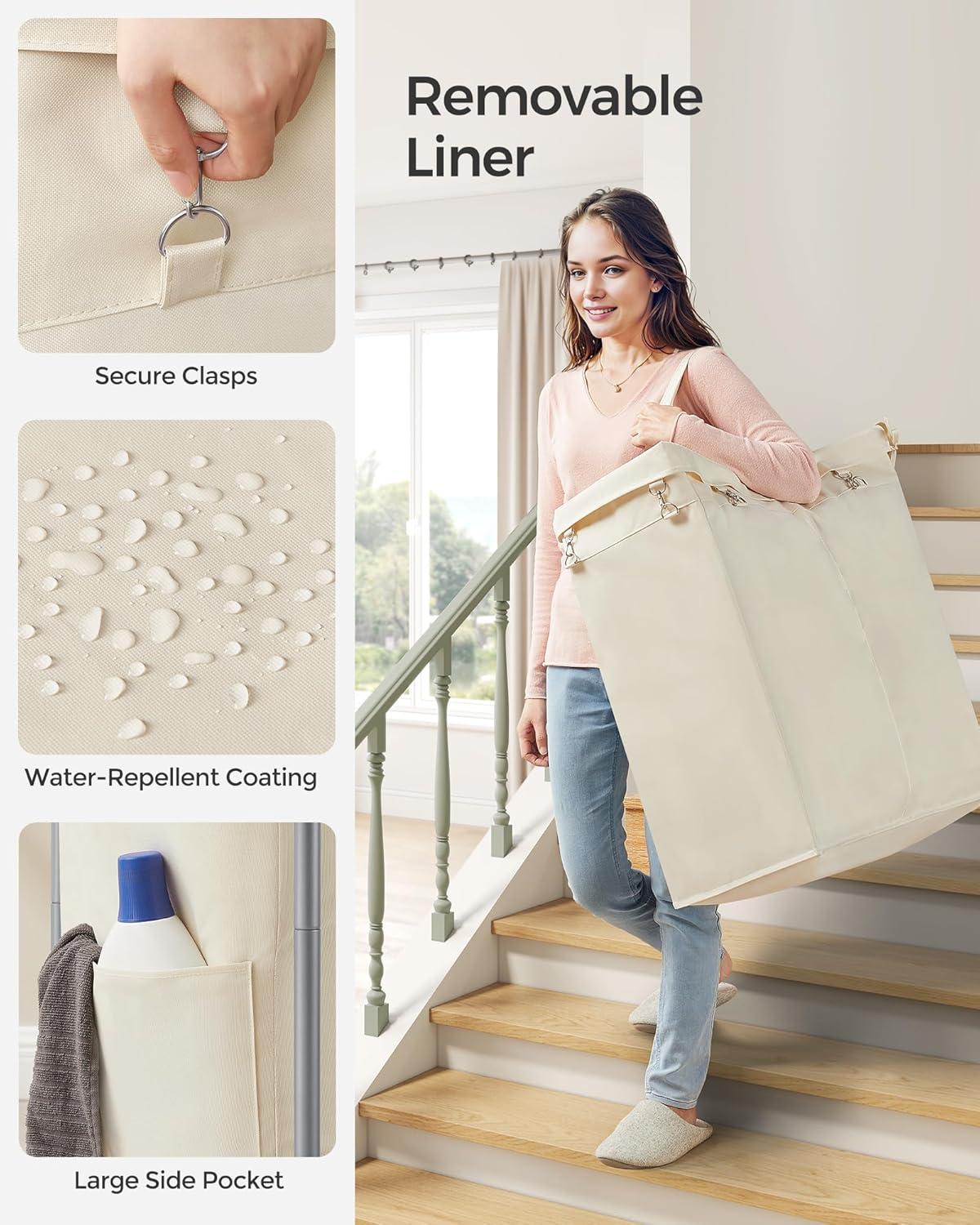 SONGMICS Laundry Basket with Wheels, 2-Section Rolling Laundry Hamper, 37 Gallons (140 L), Removable Liner, Steel Frame with Handle, 27.2 x 15.4 x 31.9 Inches, Cream White URLS004W01