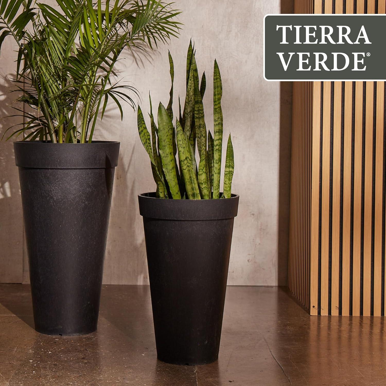 Tierra Verde 2 Pack Aria Indoor/Outdoor Self Watering Tall Round Planter, Weatherproof for Patio, Garden, and Porch Use, 12.5"W x 20"H, Black