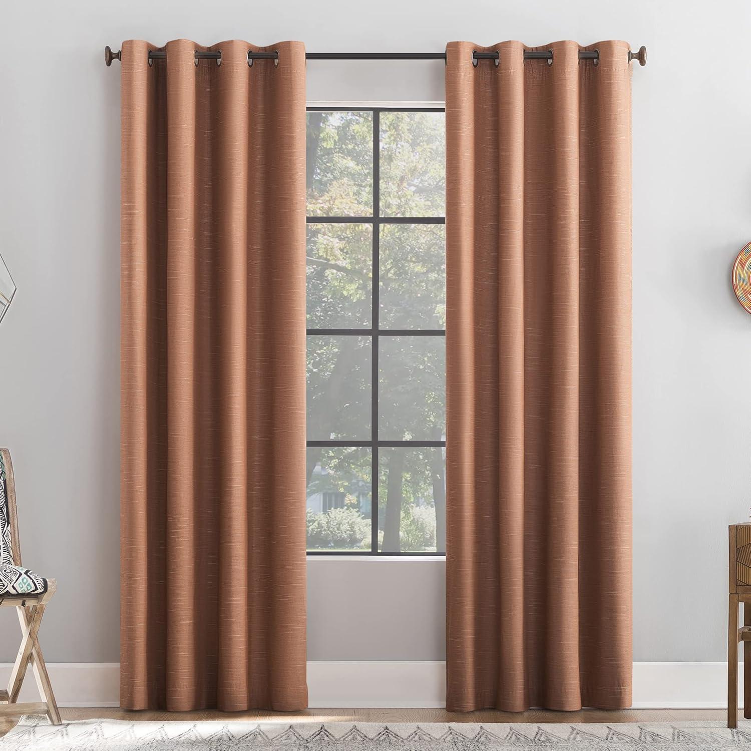 50"x84" Archaeo Total Blackout Textured Linen Blend Grommet Top Curtain Panel Pecan Brown: Modern Noise Reduction