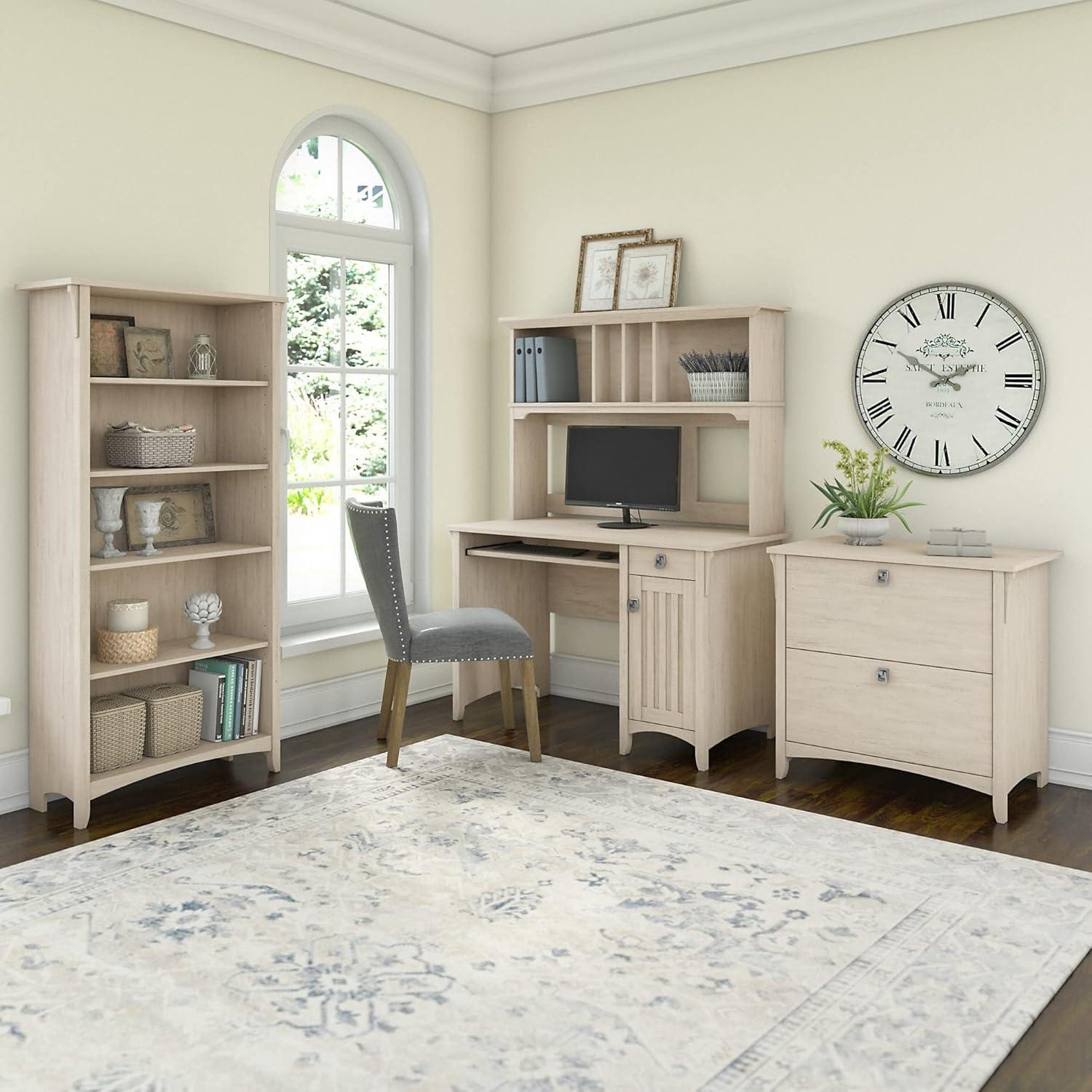 Antique White Mission Desk with Hutch, File Cabinet, and Bookcase