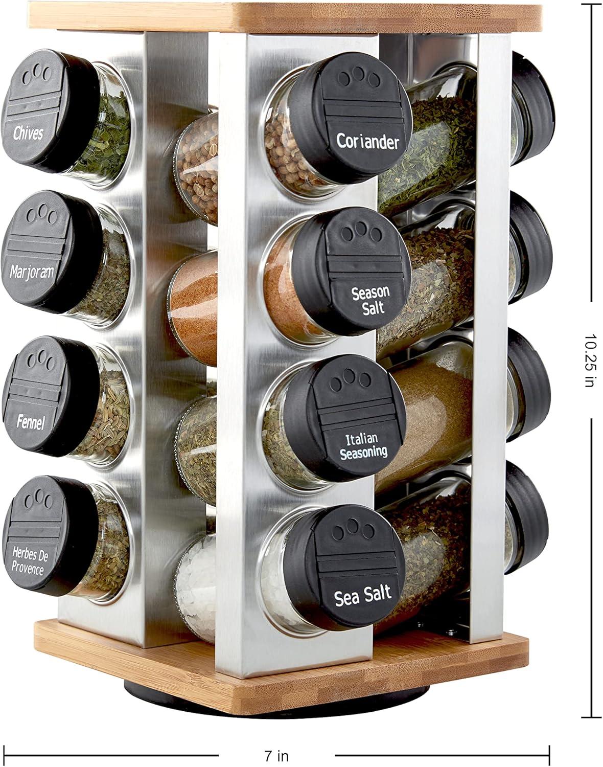 Bamboo and Stainless Steel Revolving Countertop Spice Rack with 16 Jars