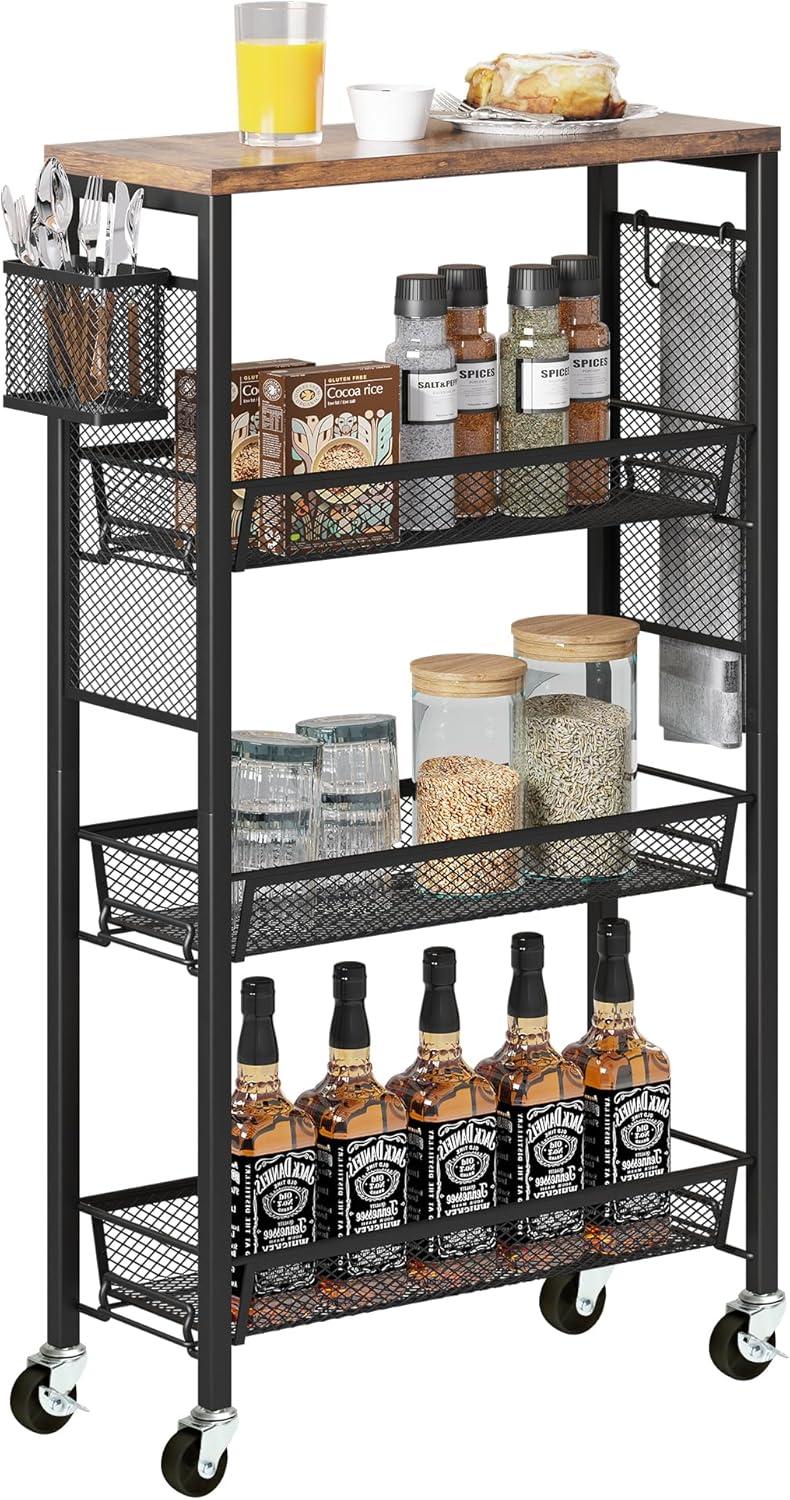 DWVO 4-Tier Slim Rolling Cart on Wheels, 34" Wooden Tabletop Kitchen Storage Organizer Cart with Wire Mesh Baskets, Slide-Out Storage Cart for Kitchen, Bathroom Living Room (White)