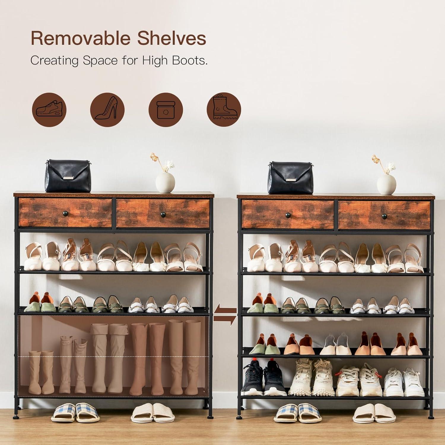 Rustic Brown 5-Tier Shoe Rack with Fabric Shelves and Wooden Top