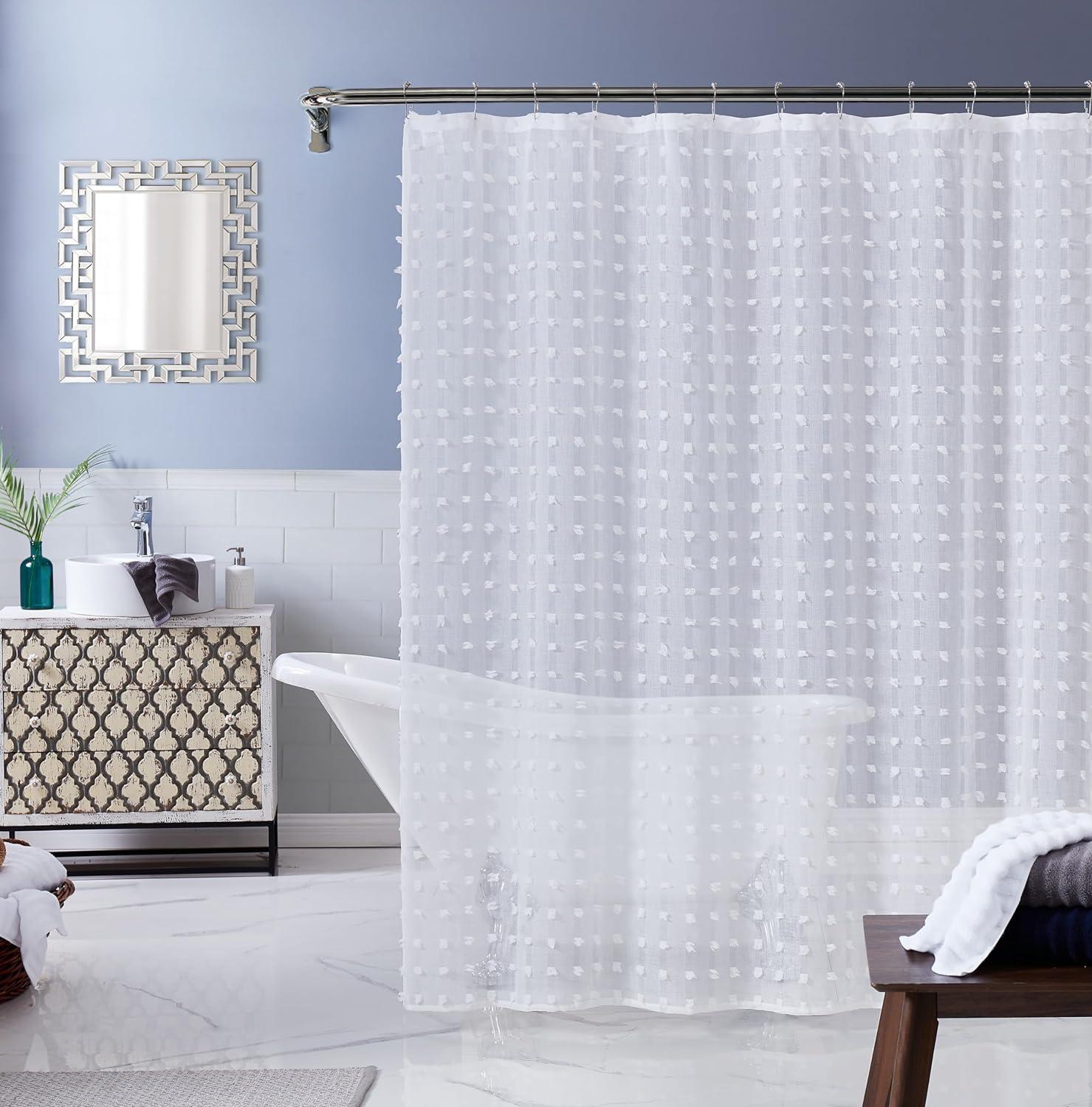 White Faux Linen 3D Puff Shower Curtain with Liner