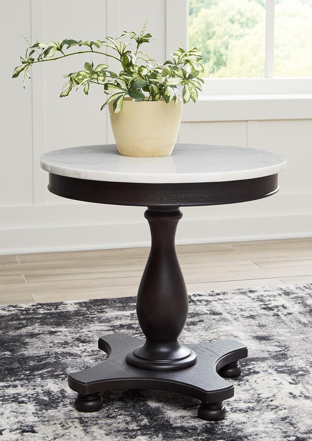 Signature Design by Ashley Henridge Traditional 24.13 Inch Circular Accent Table with White Marble Tabletop, White & Black