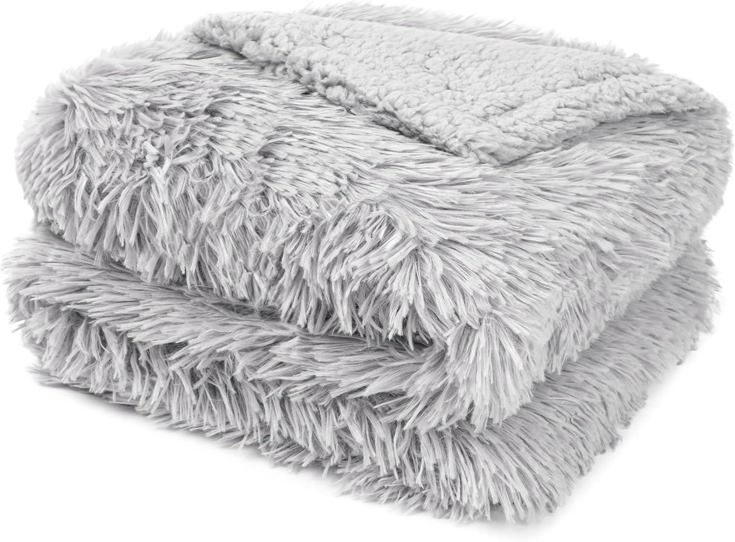 PAVILIA Soft Fluffy Faux Fur Throw Blanket, Light Grey Silver, Shaggy Furry Warm Sherpa Blanket Fleece Throw for Bed, Sofa, Couch, Decorative Fuzzy Plush Comfy Thick Throw Blanket, 50x60 Inches