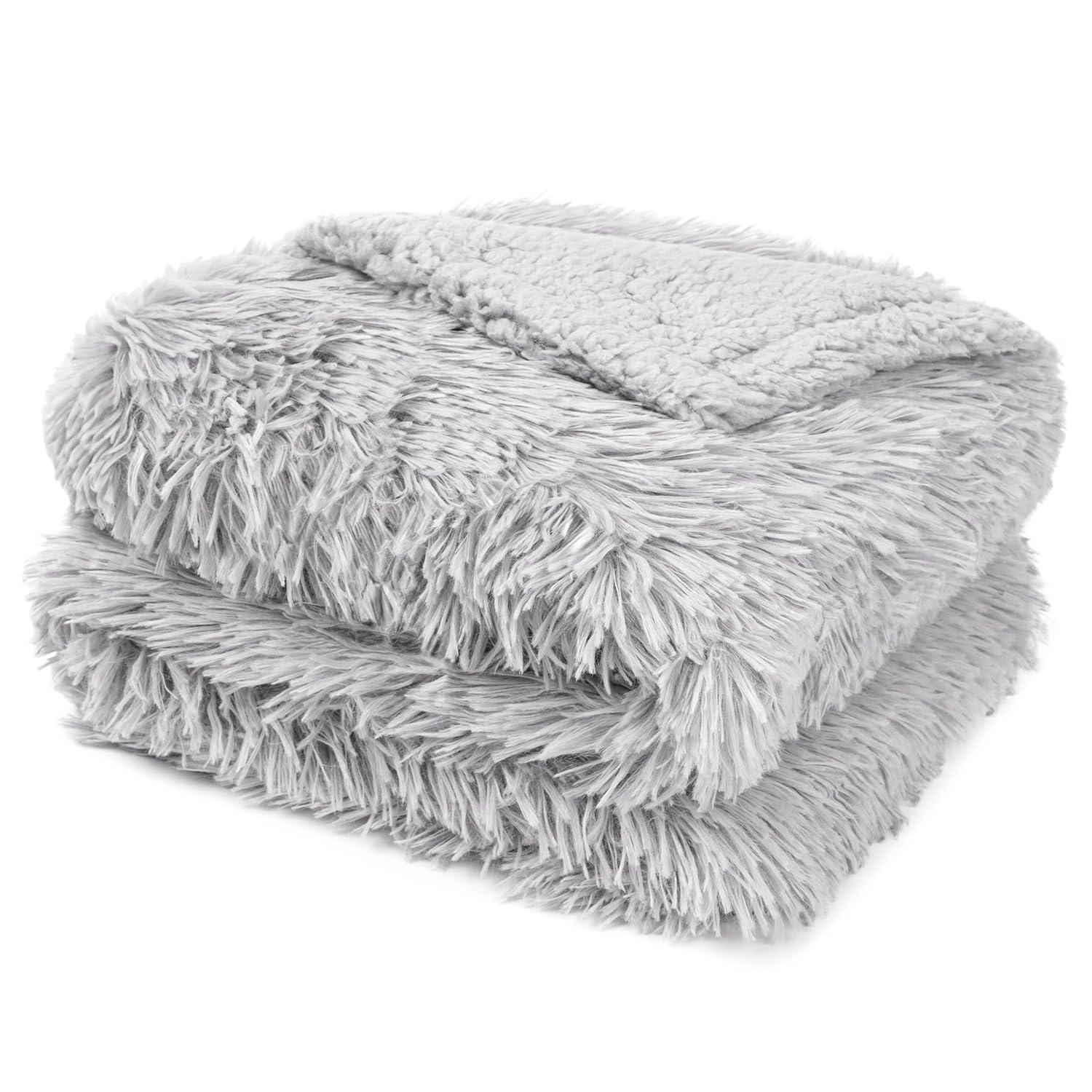 PAVILIA Fluffy Faux Fur Reversible Throw Blanket for Bed, Sofa, and Couch, Light Gray/Throw - 50x60