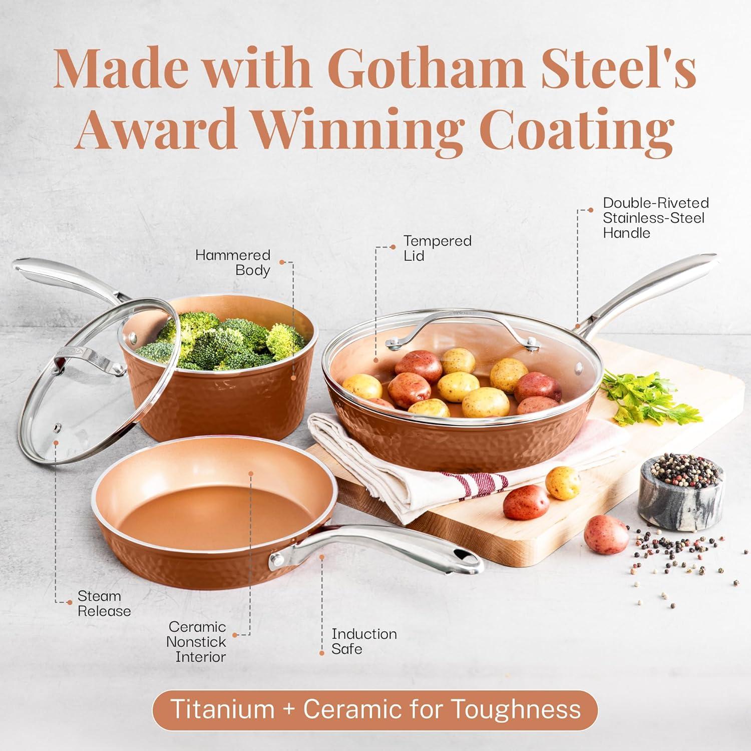 Gotham Steel Hammered Copper 12'' Nonstick Frying Pan with Lid, Stay Cool Handle, Oven & Dishwasher Safe