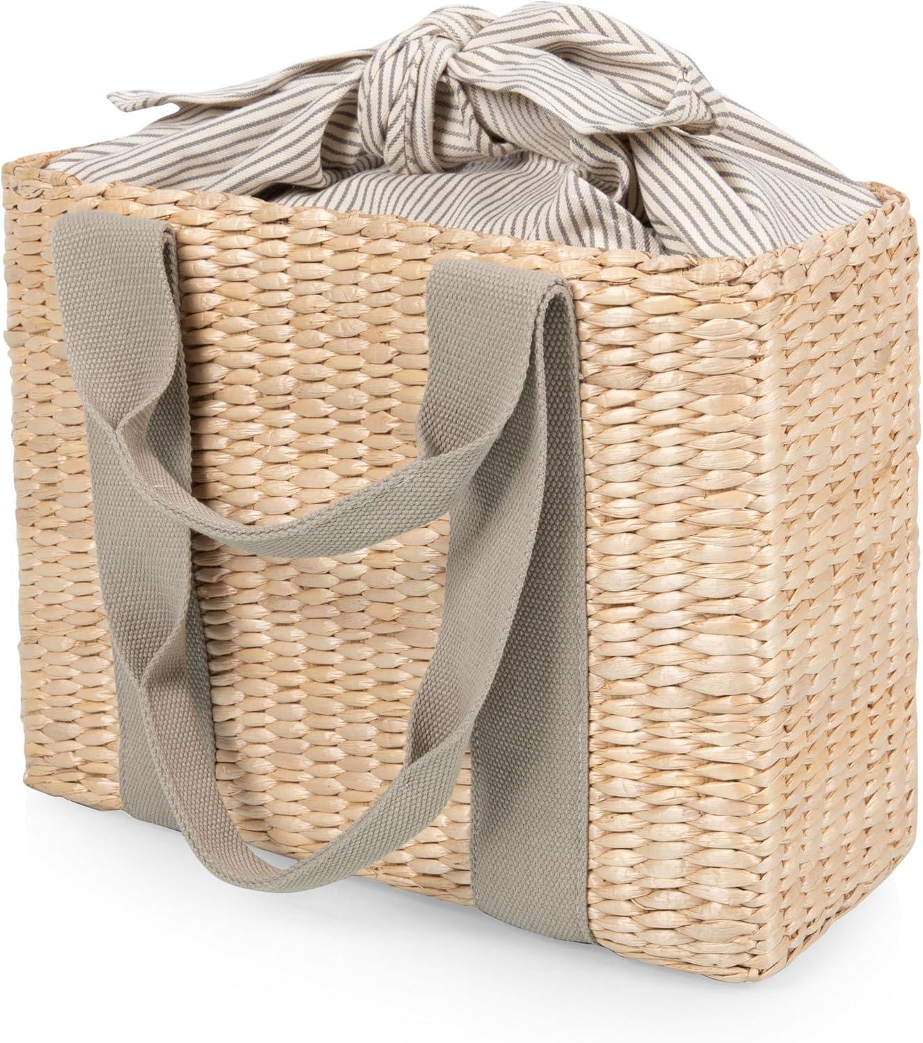 Sage Green Insulated Seagrass Picnic Basket with Fabric Tie