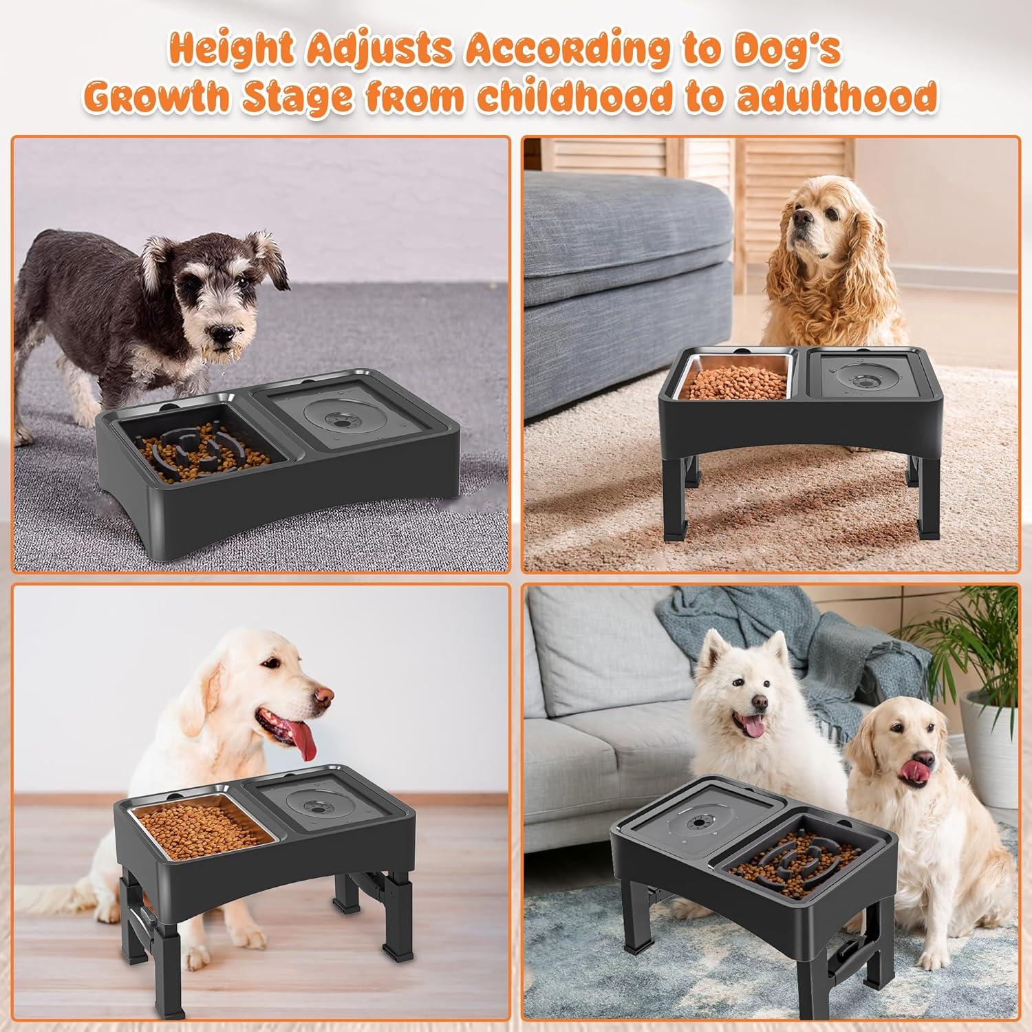 Adjustable Black Elevated Dog Bowls with Stainless Steel and Plastic