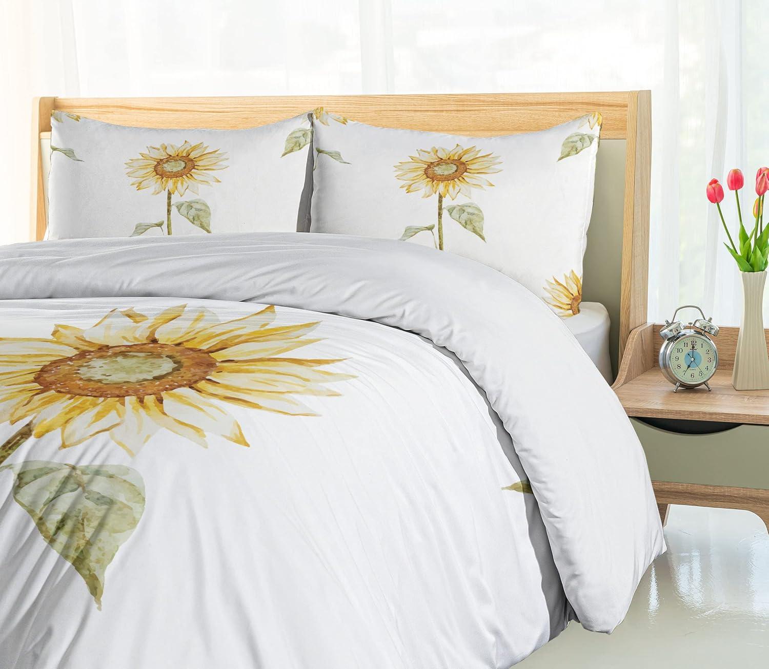 King Size Sunflower Watercolor Duvet Cover Set with Pillow Shams