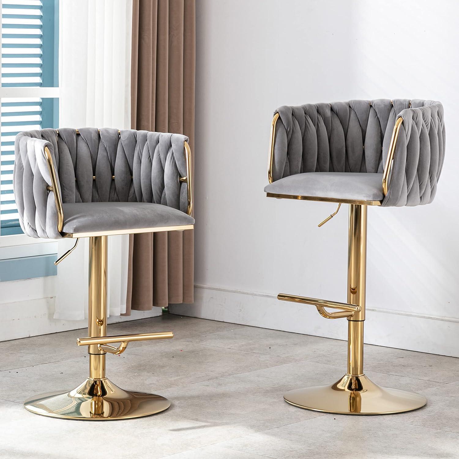 Velvet Bar Stools Set of 2, Counter Height Bar Stools with Low Back, Gold Swivel Barstools for Kitchen Island, Bar Pub (Grey)