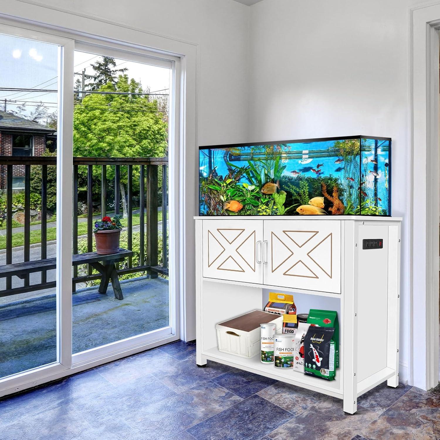 55-75 Gallon Fish Tank Stand with Cabinet, Aquarium Stand for Fish Tank Accessories Storage, Heavy Duty Metal Terrarium Stand, 52" L*19" W Tabletop, 1200LBS Capacity, White