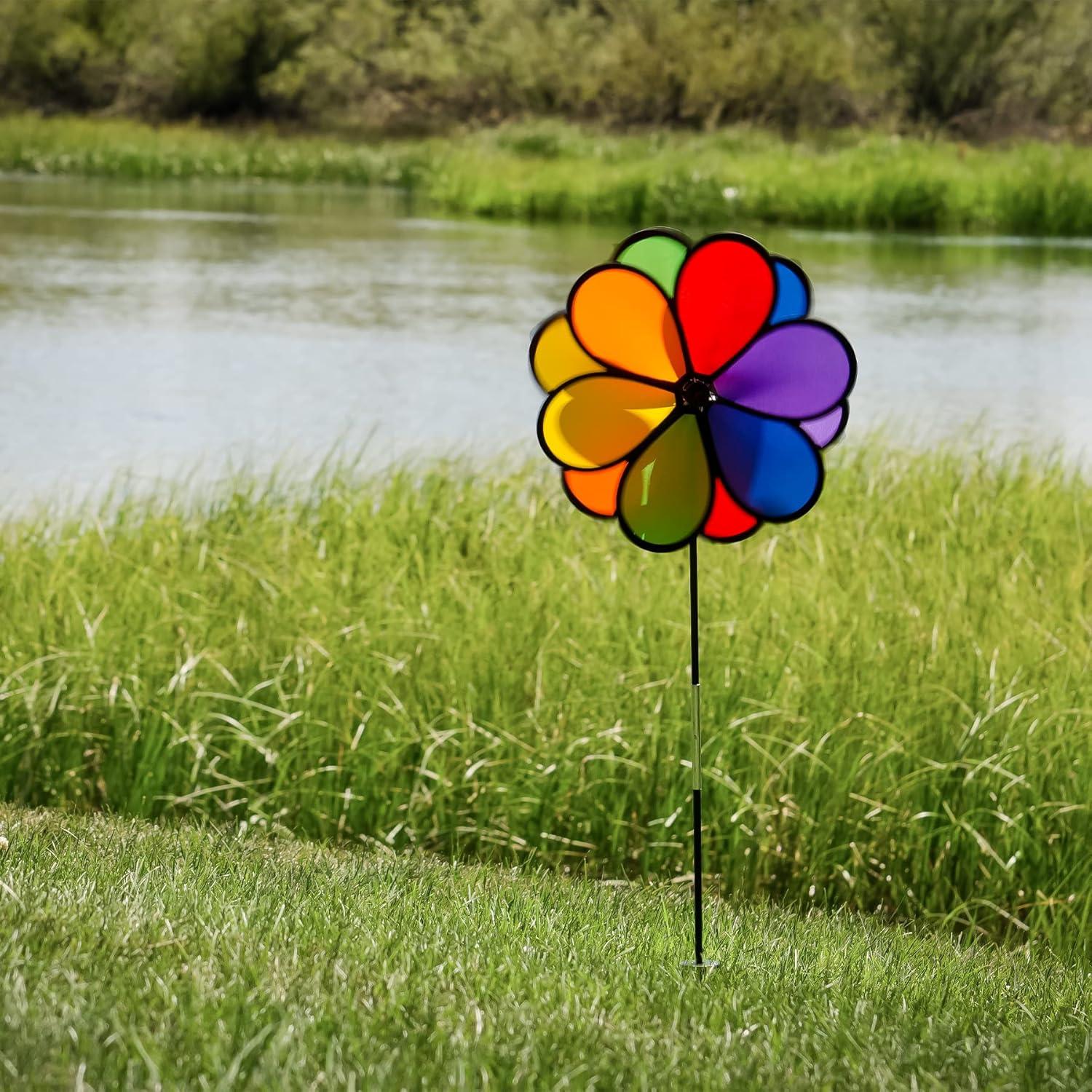 In the Breeze 2745 — Double Dazy Flower 14-inch Ground Spinner — Rainbow Flower Wind Spinner — Colorful Yard or Garden Decoration