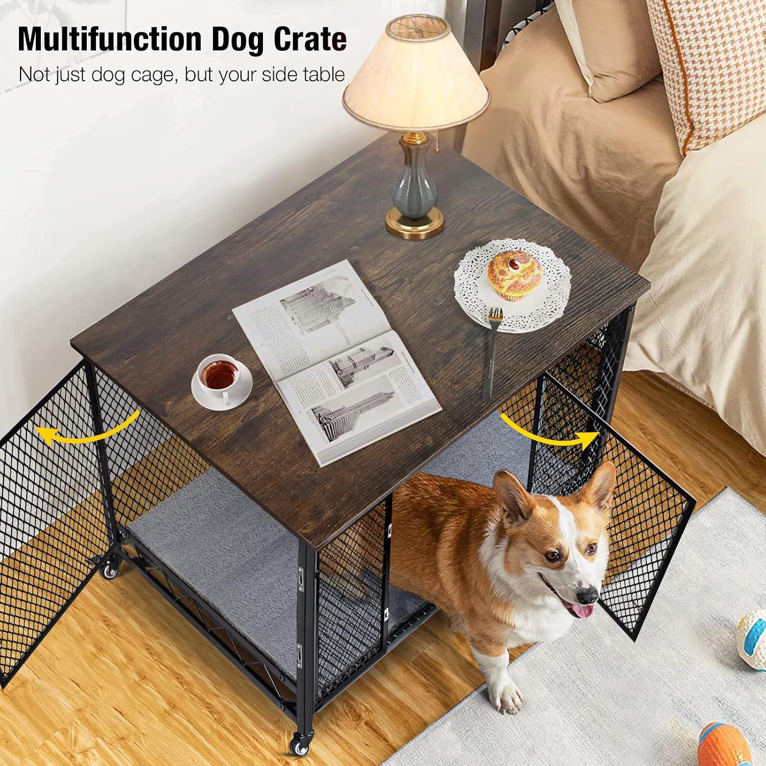 Rustic Brown and Black Metal Dog Crate with Cushion