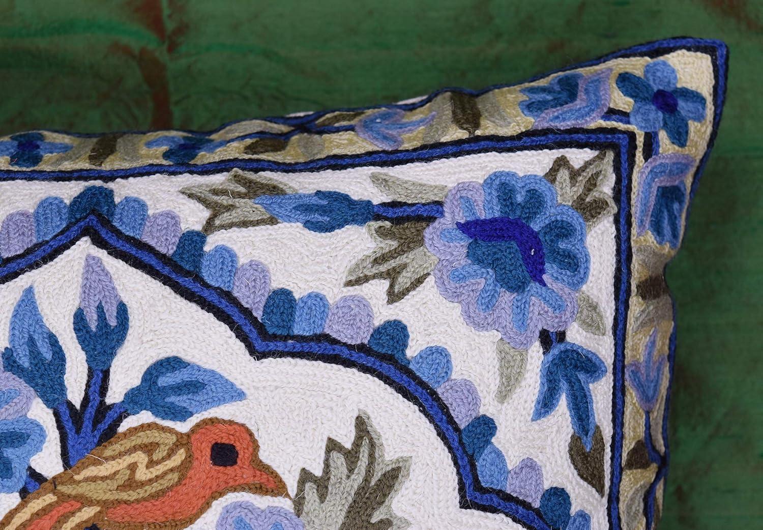 Teal Blue Embroidered Cotton Euro Pillowcase with Birds