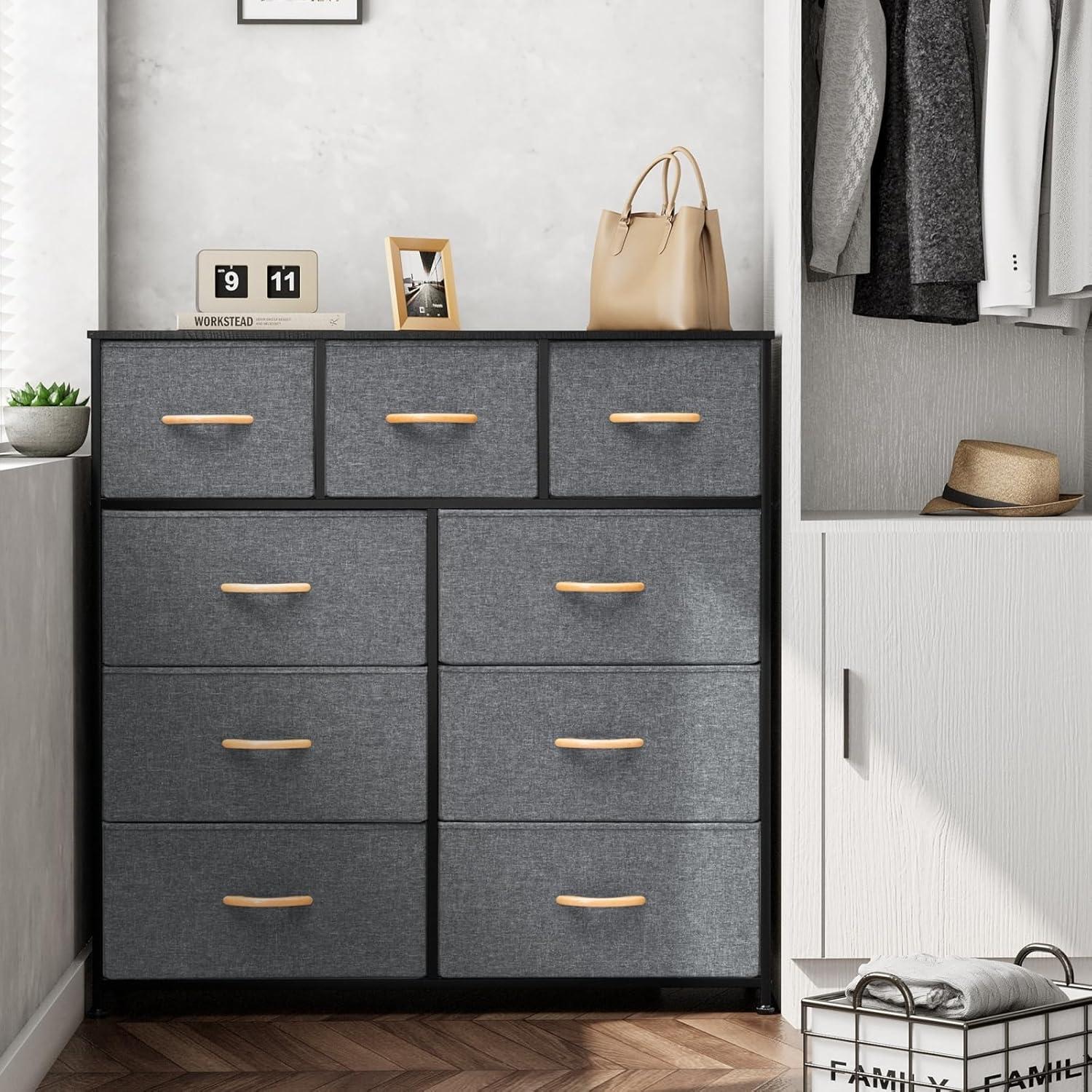 Crestlive Products Home Extra Wide Closet Dresser Storage Tower Organizer Unit 9 Drawers Grey Dark Wood