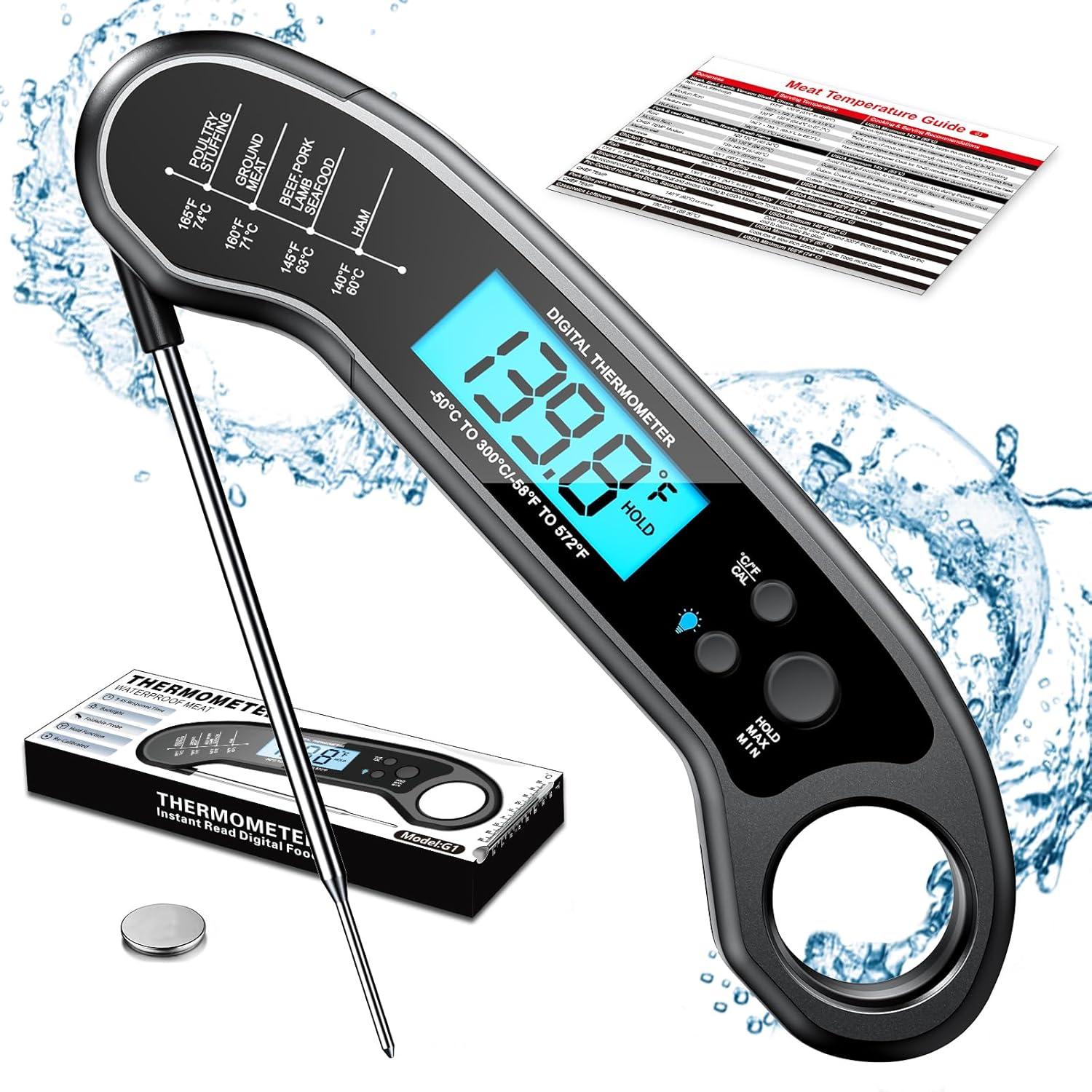 Black Digital Waterproof Instant Read Meat Thermometer with Backlight