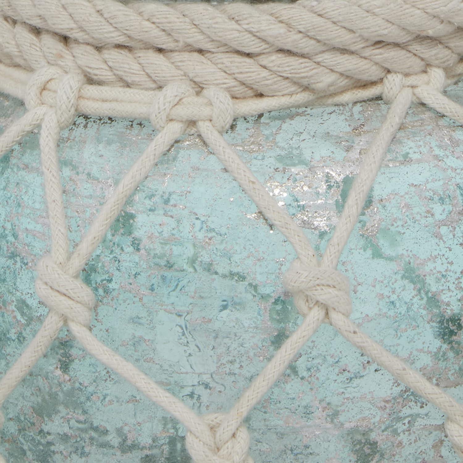 DecMode Blue Glass Decorative Candle Lantern with Rope Handle