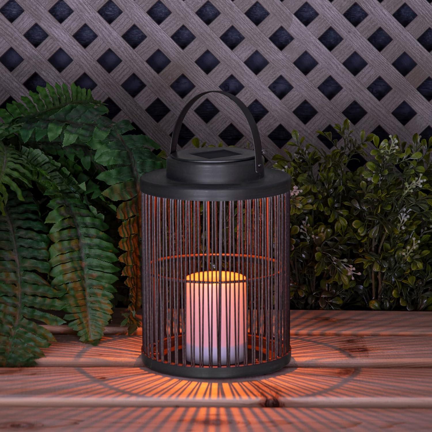 Black Solar LED Rattan Candle Lantern with Handle