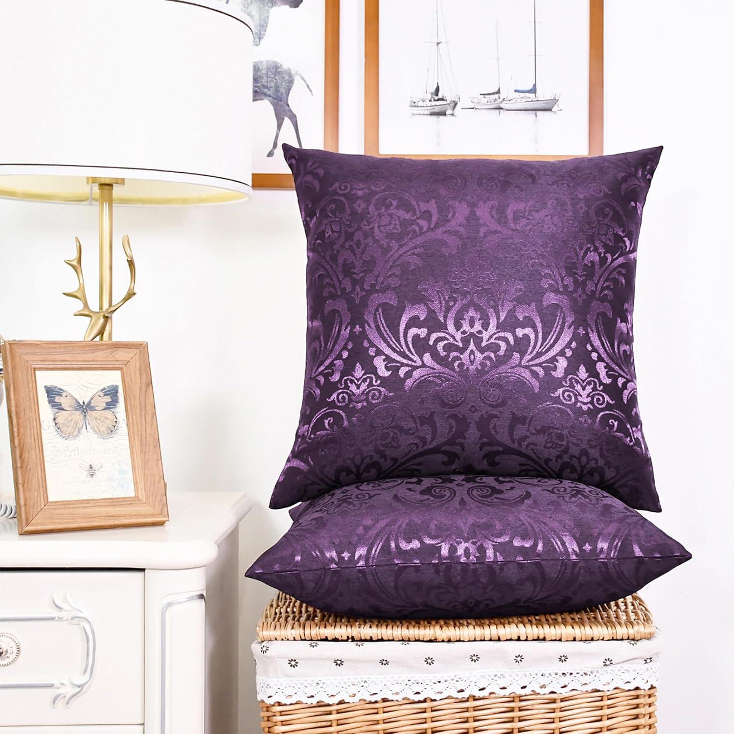 CaliTime Pack of 2 Throw Pillow Covers Cases for Couch Sofa Home Decoration Vintage Damask Floral Shining & Dull Contrast 16 X 16 Inches Deep Purple