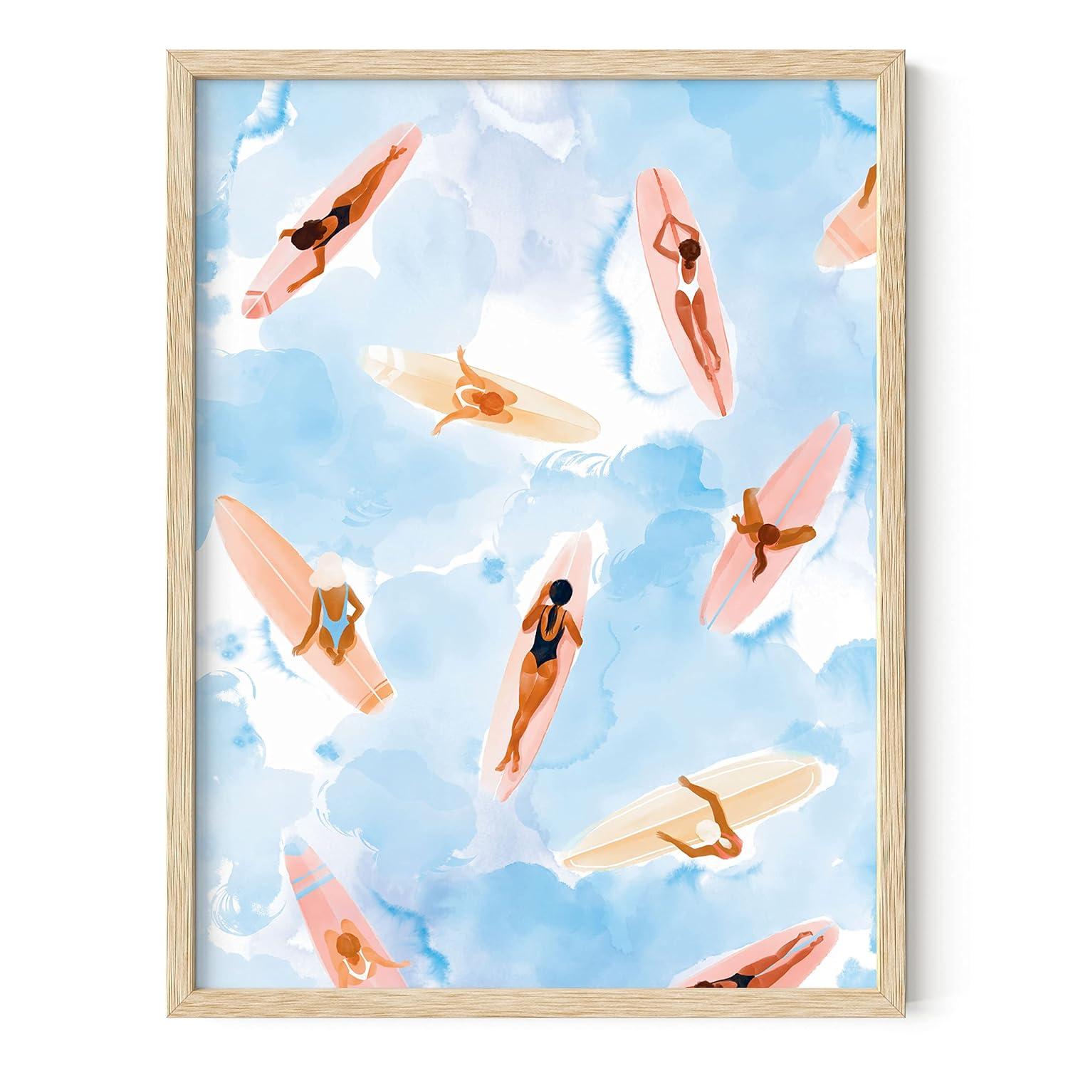 Beige Framed Watercolor Surfboard Beach Scene Poster