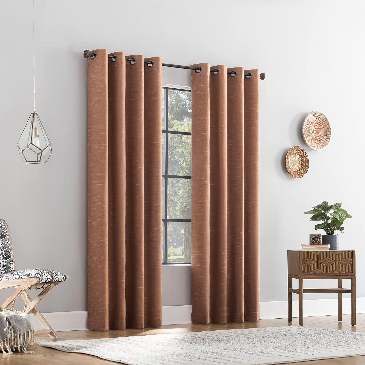 50"x84" Archaeo Total Blackout Textured Linen Blend Grommet Top Curtain Panel Pecan Brown: Modern Noise Reduction