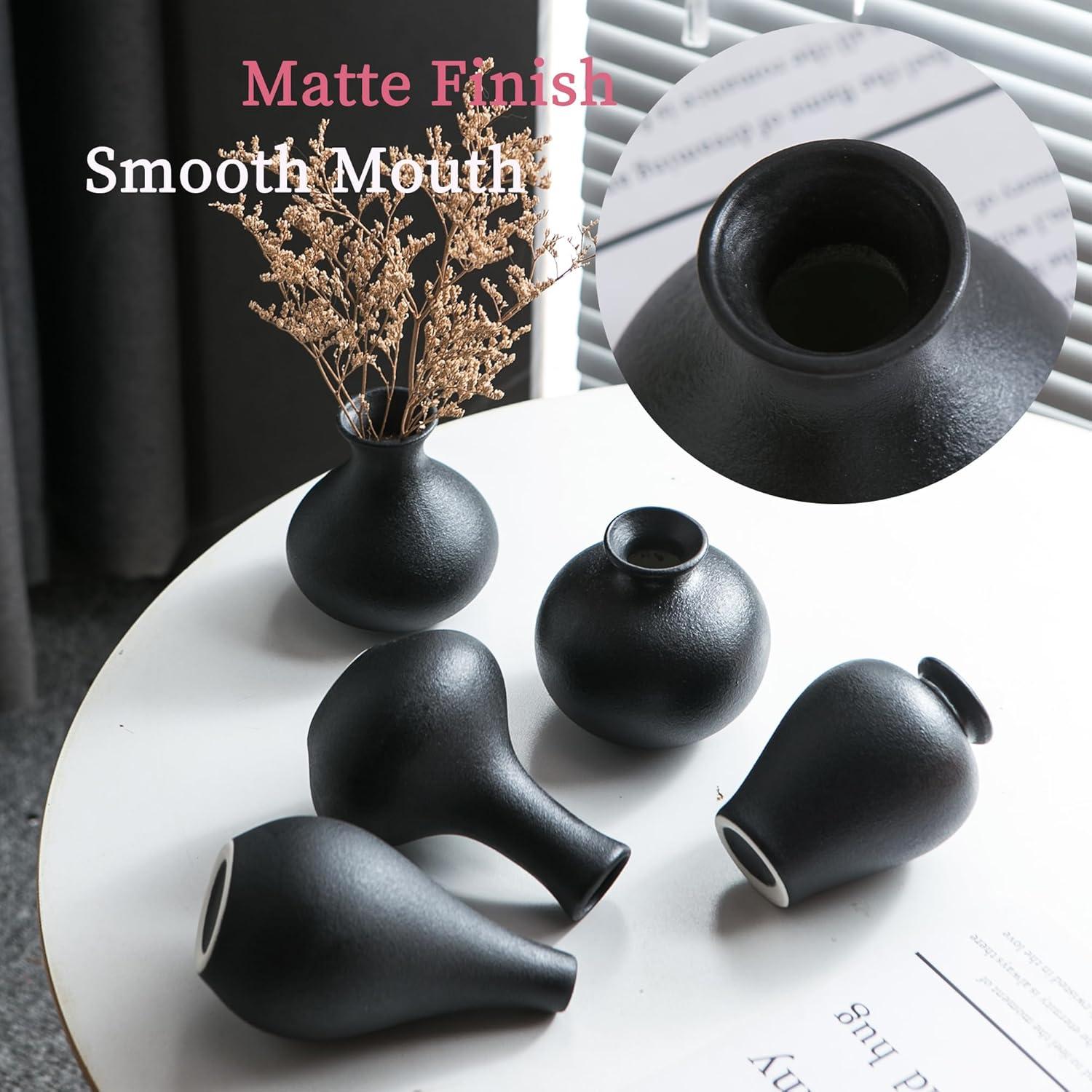 Ivy Bronx Small Black Vases, Ceramic Bud Vase Set Of 5, Mini Pottery Vases For Pampas Grass, Flowers, Decorative Vases (Set of 5)