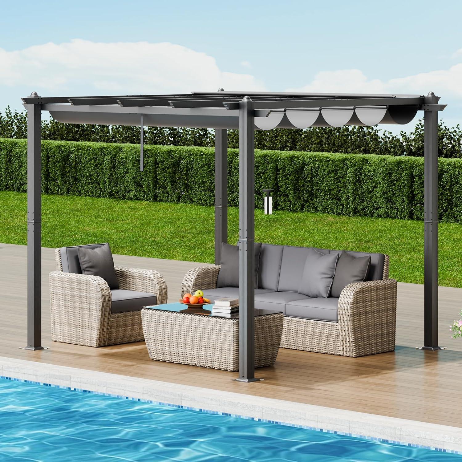 Gray Aluminum Outdoor Pergola with Retractable Canopy