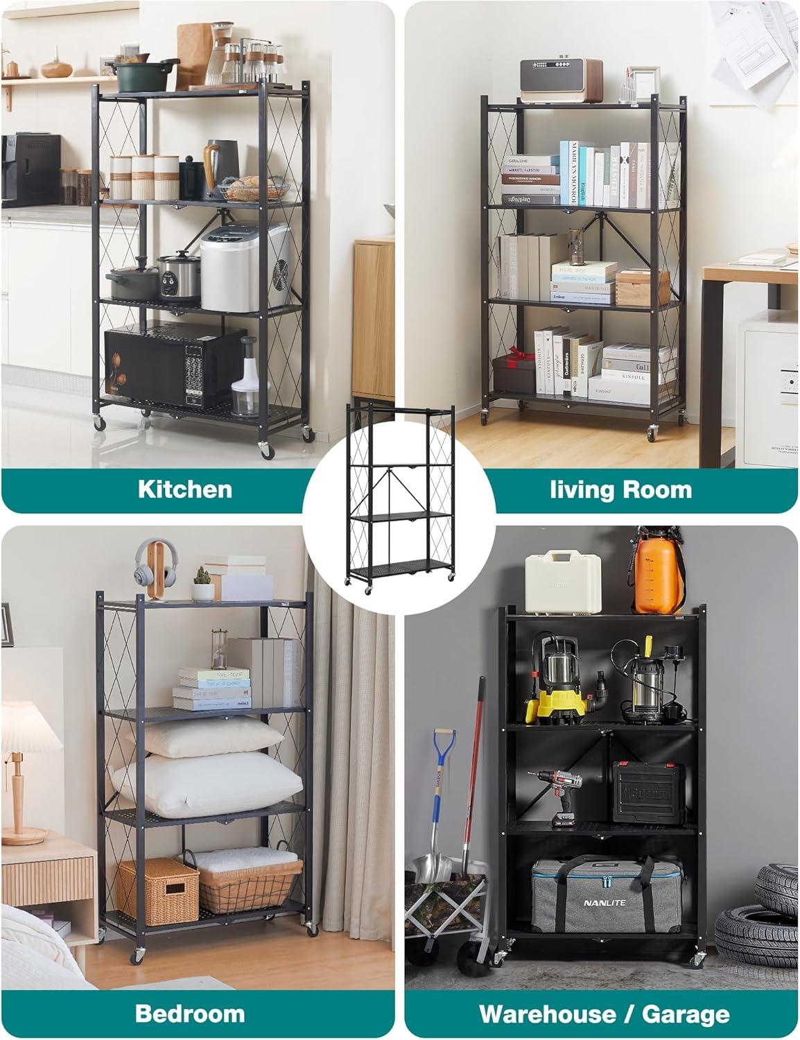 3-Tier Storage Shelves with Wheels, Folding Bookshelf No Assembly, Metal Display Shelf for Balcony, Kitchen, Basement, Pantry, White