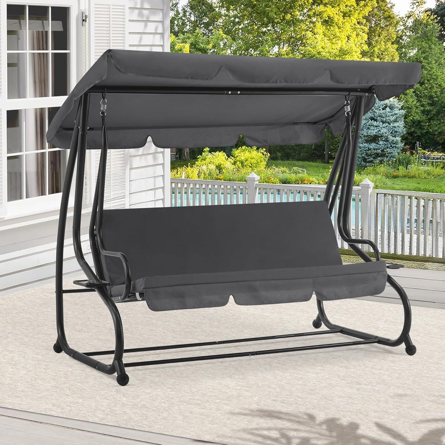 MCombo 3 Seat Patio Swing Chair, Outdoor Swing with Adjustable Canopy, Porch Swing